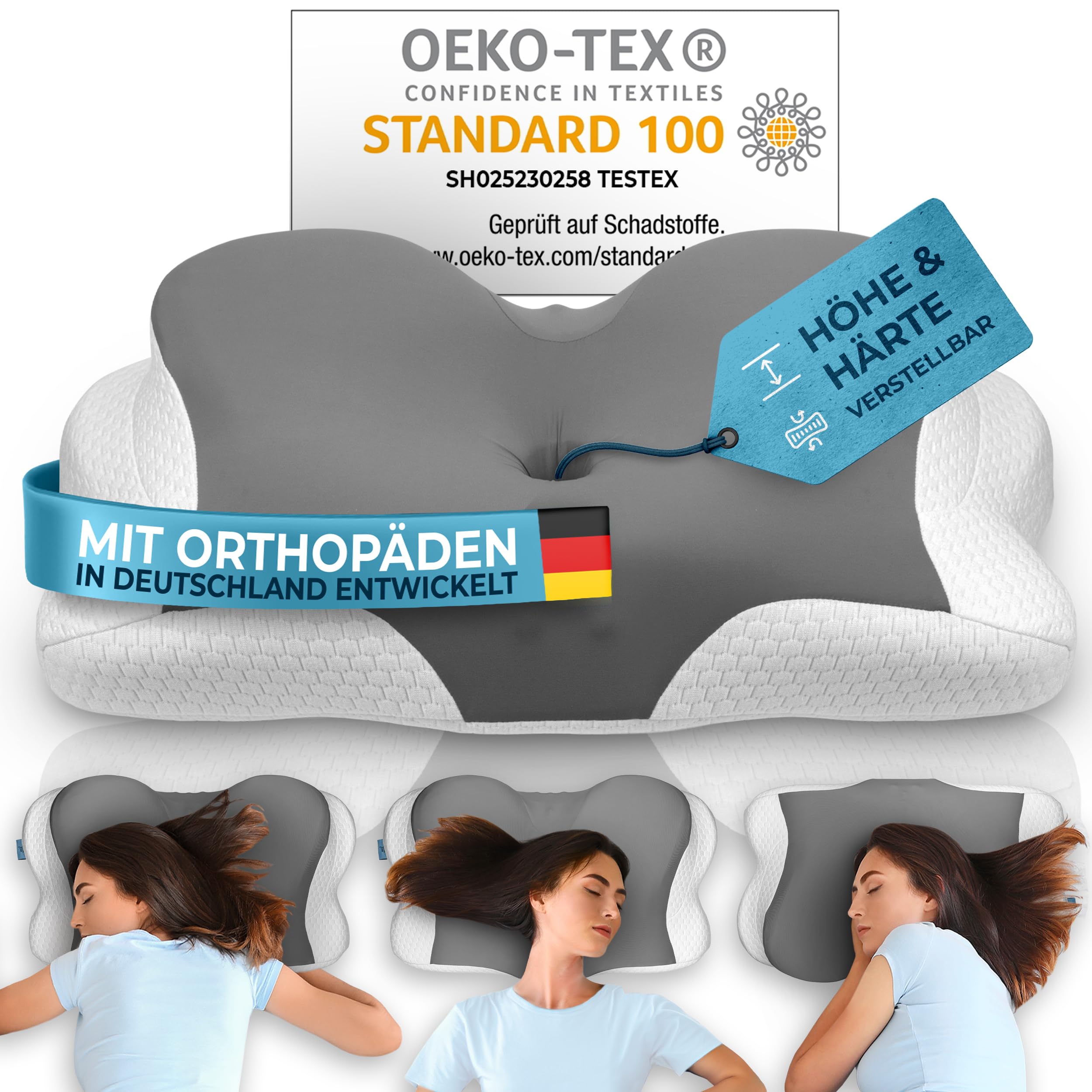 Glückstoff® Ergonomisches Kissen [Innovationspreis für Ergonomie nominiert] Kopfkissen aus Memory Foam | Ergonomisches Nackenkissen Nackenrolle Seitenschläferkissen Grau