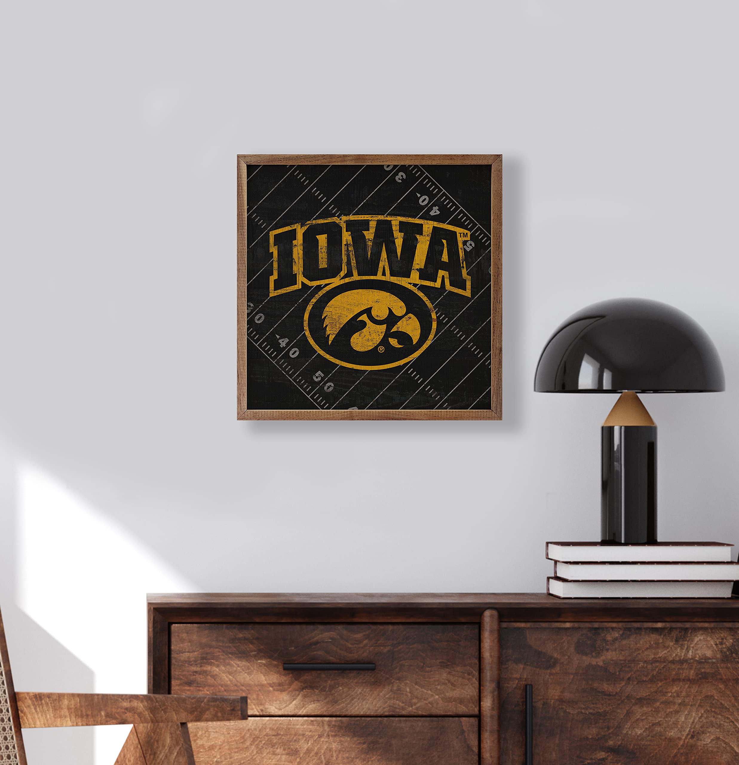 Kendrick Home + Stadium Iowa Hawkeyes Black Football Field Collegiate Framed Square Wood Sign With State And Team Logo (8x8) (16x16)