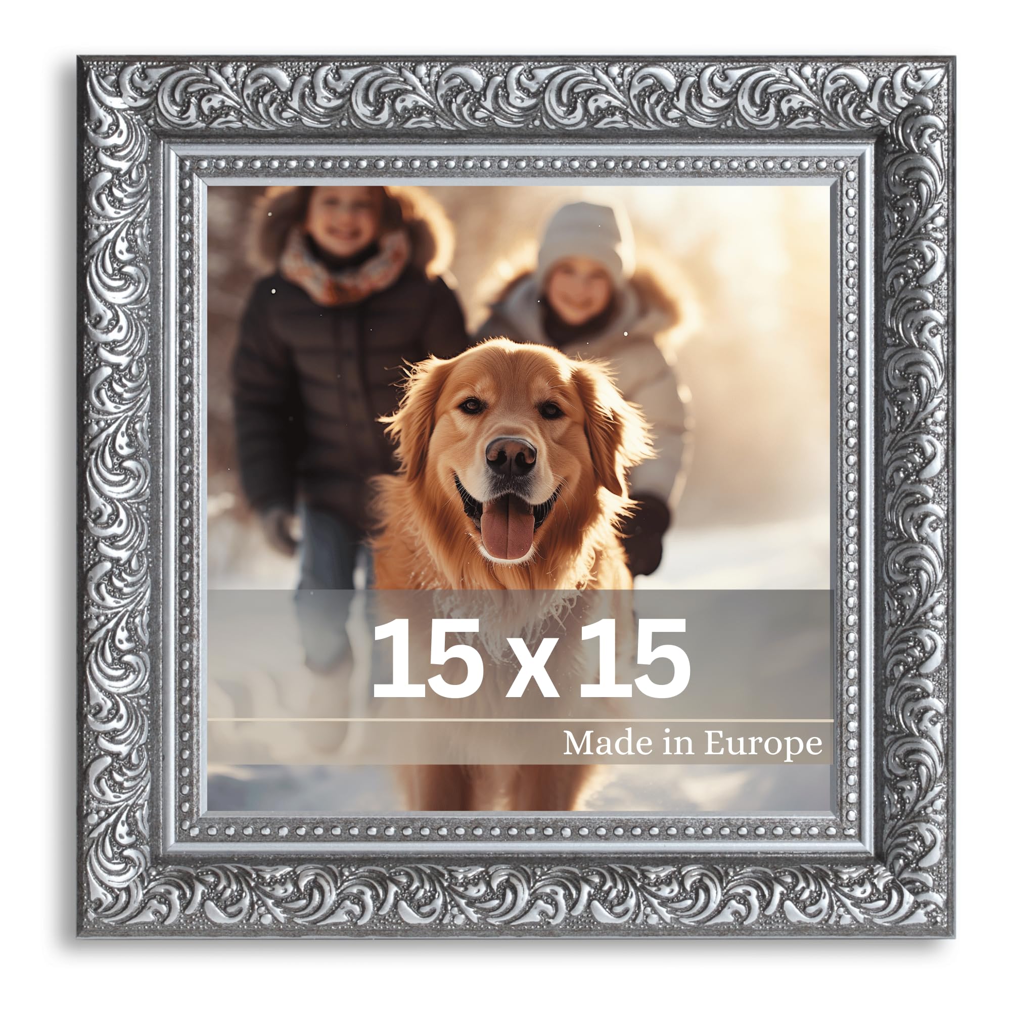 VictoR vintage Bilderrahmen „Rubens“ in 15x15 cm schwarz silber - Leiste: 30x20mm - Echtglas - Fotorahmen barock - antik - Bilderrahmen 15x15 silber - Quadratisch