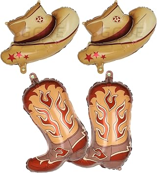 4 Pcs Western Themed Party Balloons Western Boot Balloons Cowboy Hat Balloon Wild West Western Baby Shower Birthday Bachelorette Party Decor Supplies, Big, Brown