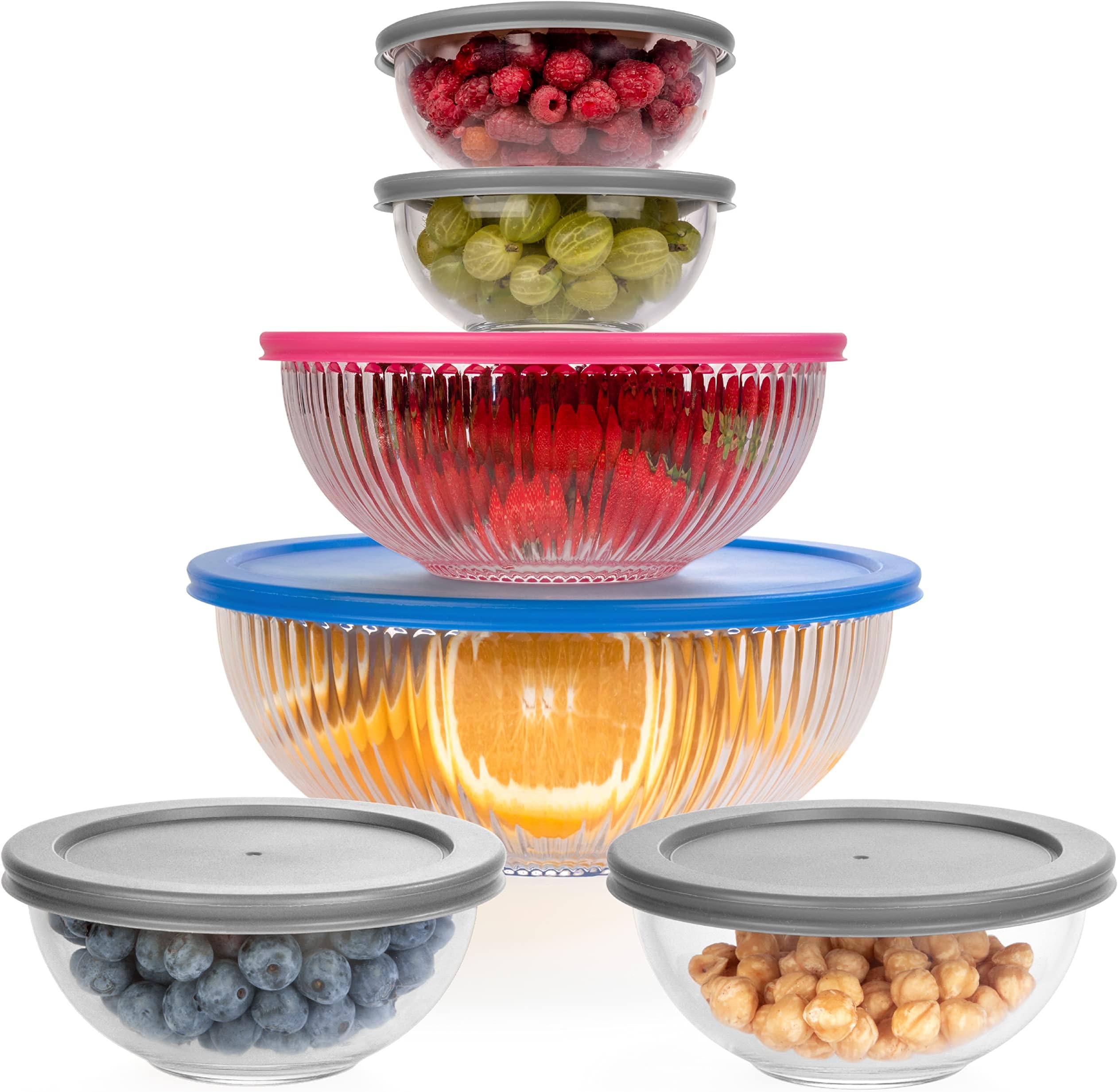 Glass Mixing Bowls - Nesting Bowls - Space-Saving Glass Bowls with Lids Food Storage - Set of 5 Stackable Microwave Glass Containers (Set of 6 Mixing Bowls)