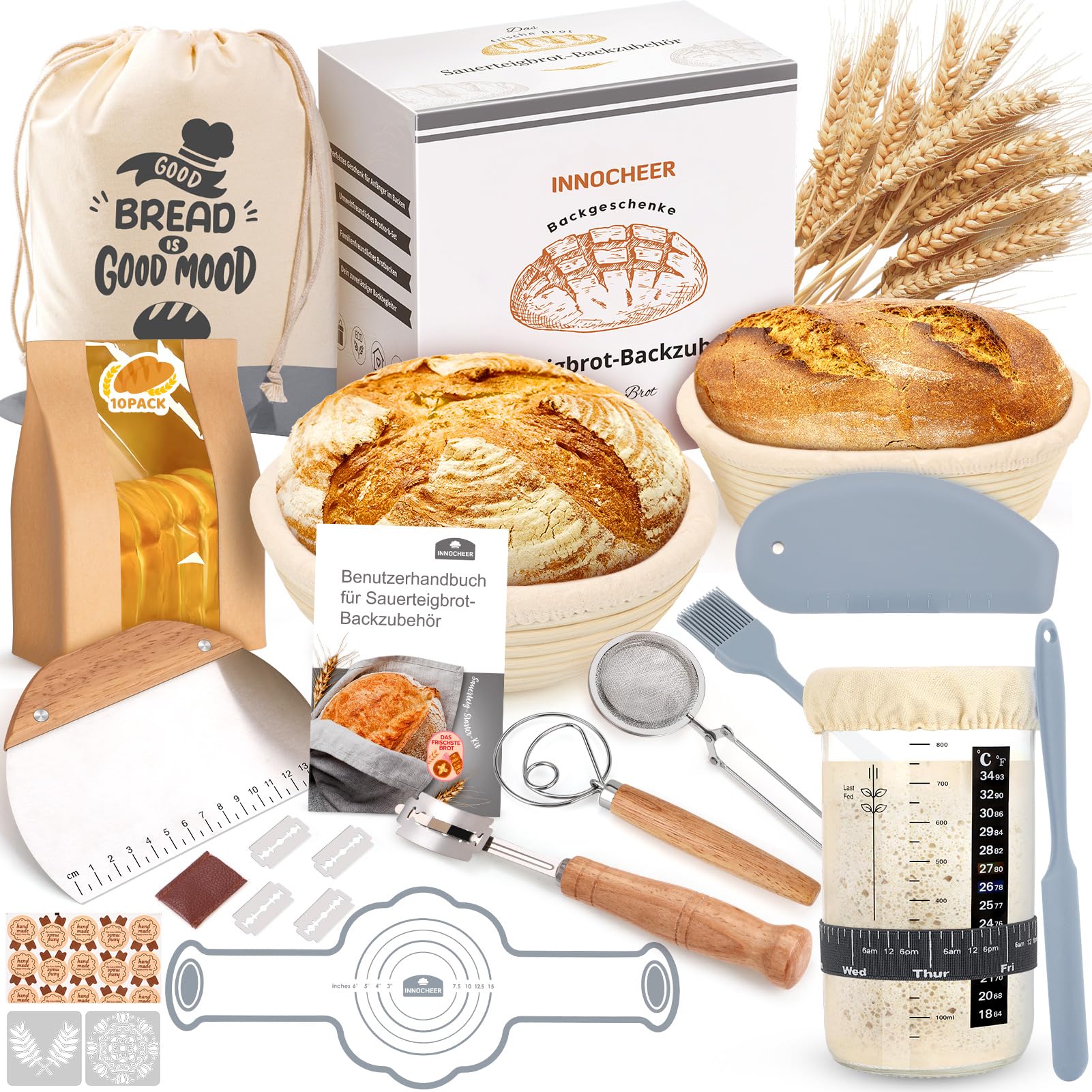 Gärkörbchen Für Sauerteig Starter Set, 25cm & 23cm Gärkorb Brot Backen, Sauerteig Starter Set Mit Sauerteig Starterglas, Brot Backen Startver Großes Geschenk Für Anfänger, Erfahrener Bäcker