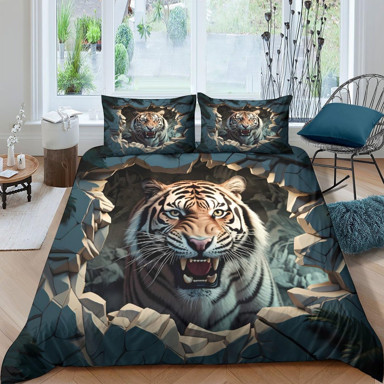 Ctjqhvkz Style-1 3D Printed Realistic Tiger Fitted Sheet Microfiber Soft Anti-Slip Jungle Animal Bed Cover For Bedroom Dorm Easy Care Single（135X200cm）
