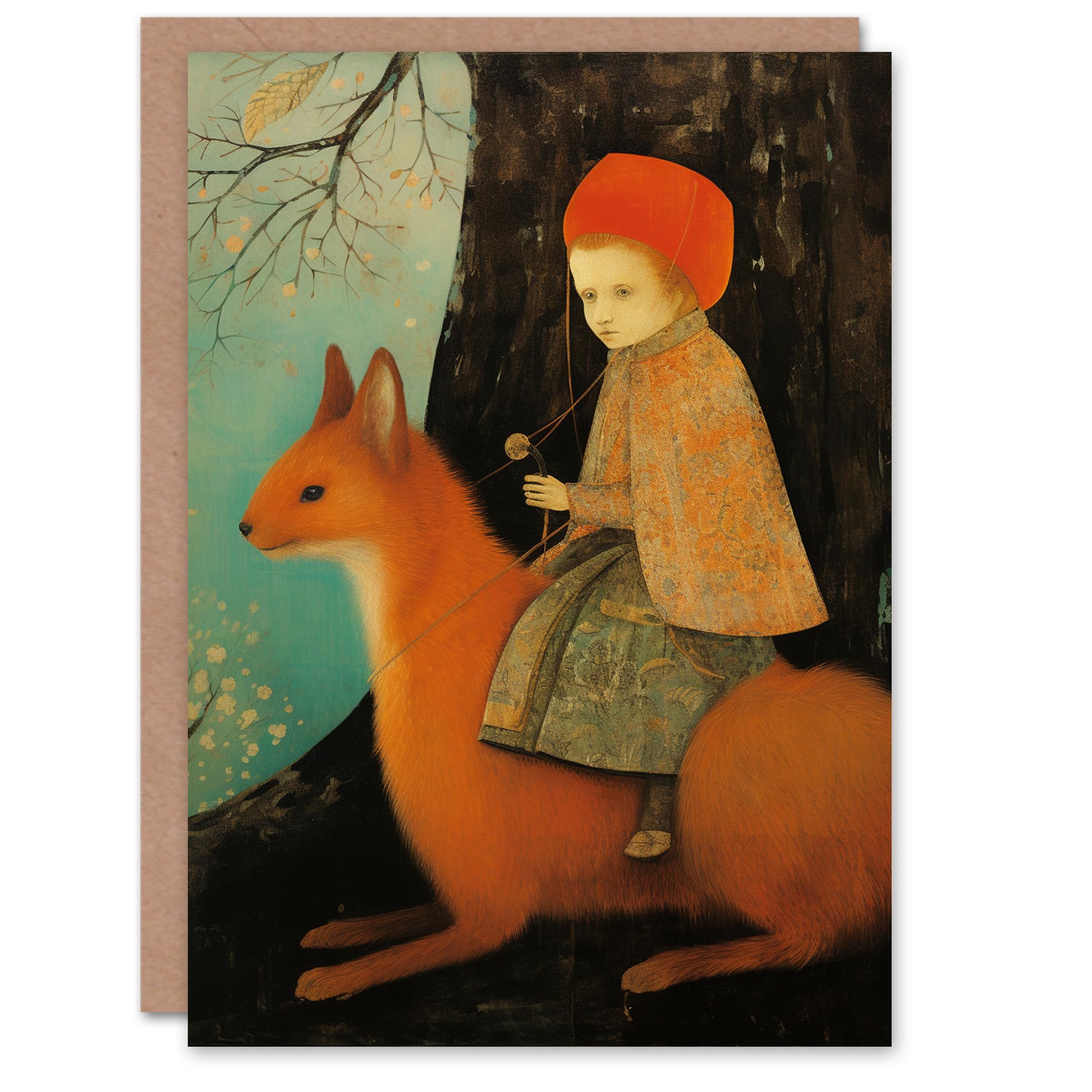 Artery8 Birthday Card Child Riding Weasel Surreal Medieval Painting Blank Arty Art All Occasion Greeting Card