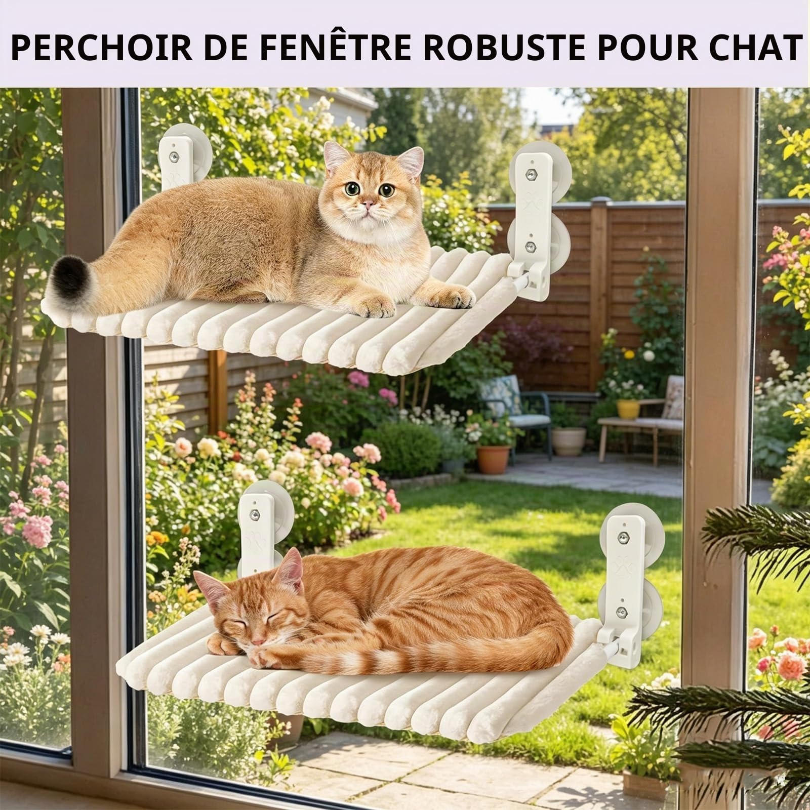 Hamac Chat Fenetre, Perchoir Chat Fenetre avec 4 Ventouses, Cadre Acier Épais Solide,Lit Peluche Pliable, Hamac pour Chats, Facile à Démonter, Supporte Jusqu'à 18kg