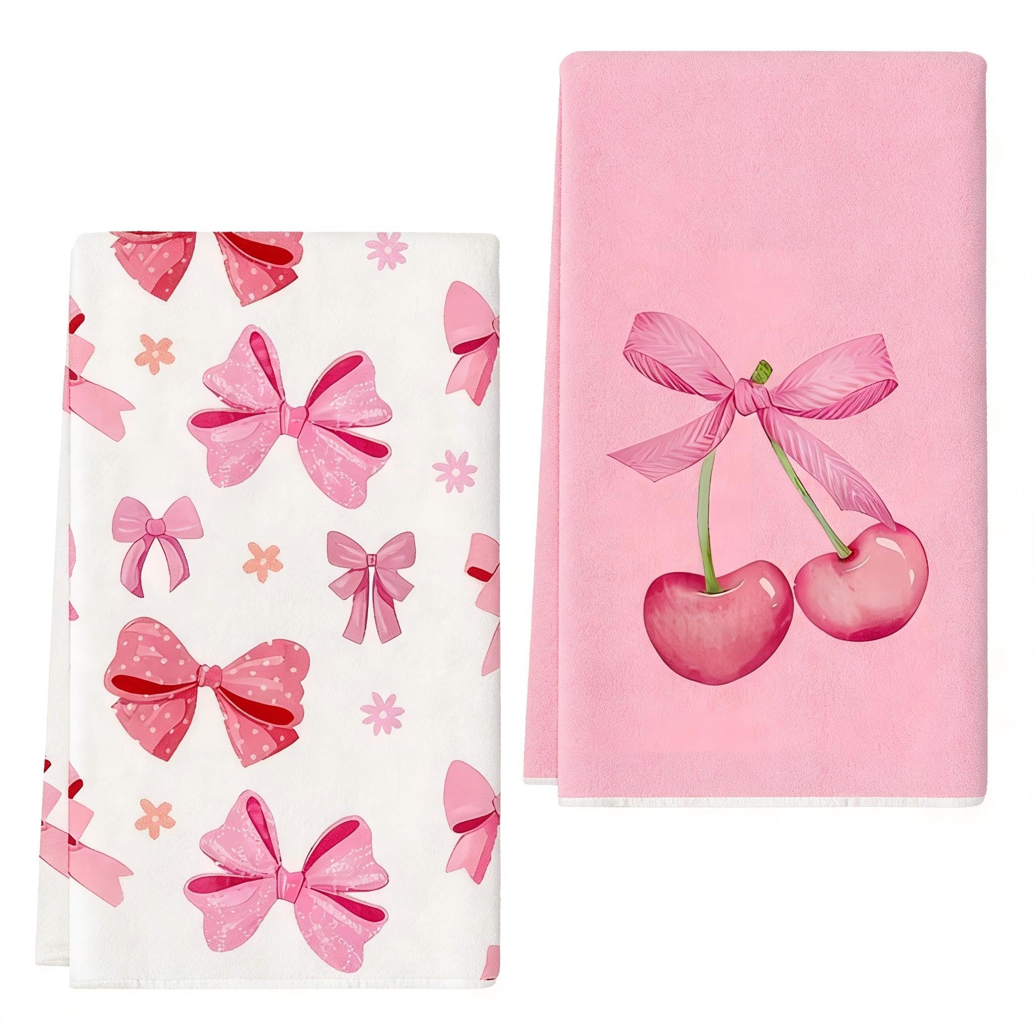 Sgehenr 2Pcs Cherry and Bows Pink Tea Towels for Kitchen Towel,40 x 60CM Seasonal Hand Towels Pink Dish Towel for Bar Restaurent Kitchen Housewarming Gifts Dining, Home, Wedding, Mothers Day, Banquet