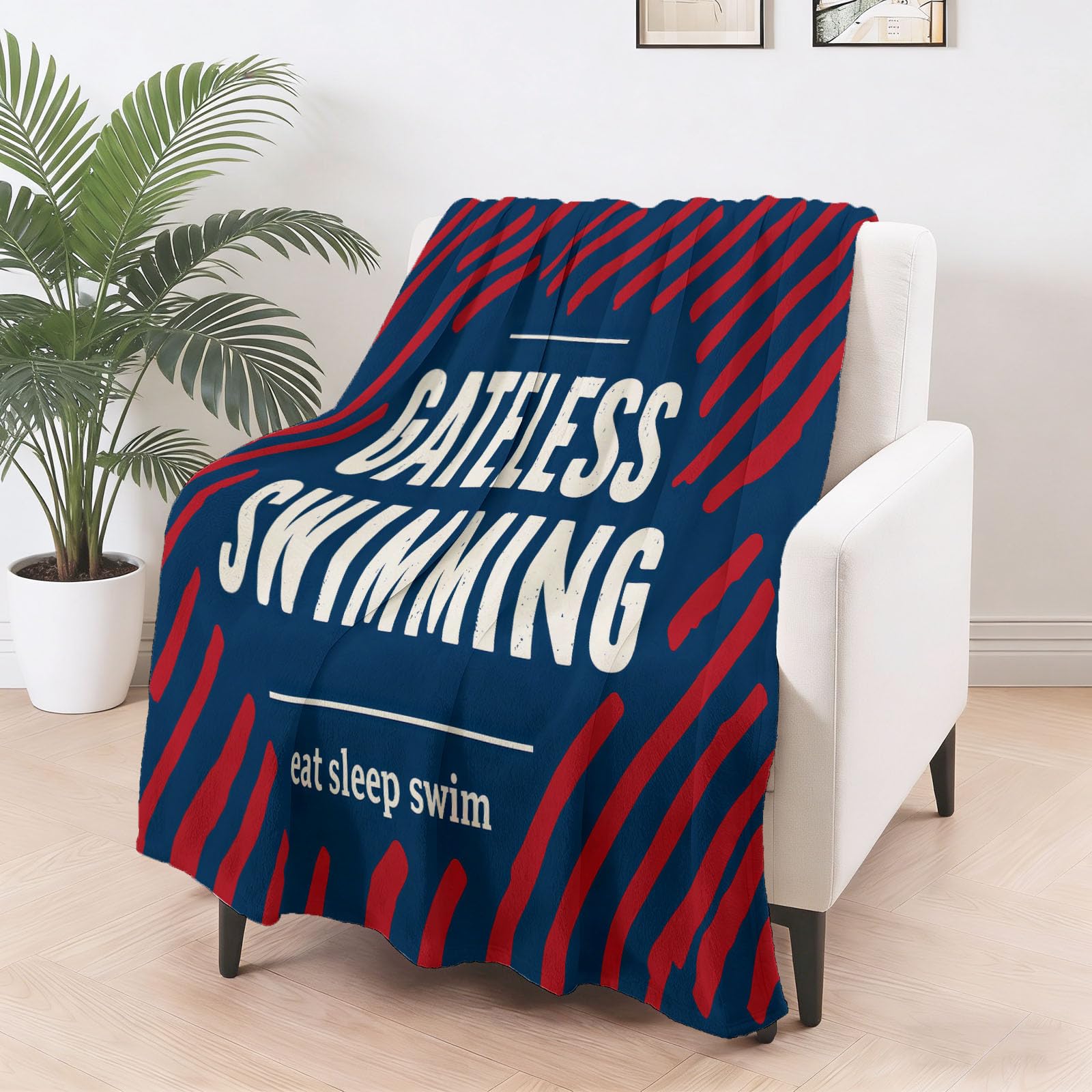 Générique Couverture en Flanelle Bleu Rouge - Couverture Polaire Douce pour Canapé & Camping - Imprimé Minimaliste Rayures Lettre - Couvertures de canapé pour Adolescents et Adultes, 150x200 cm