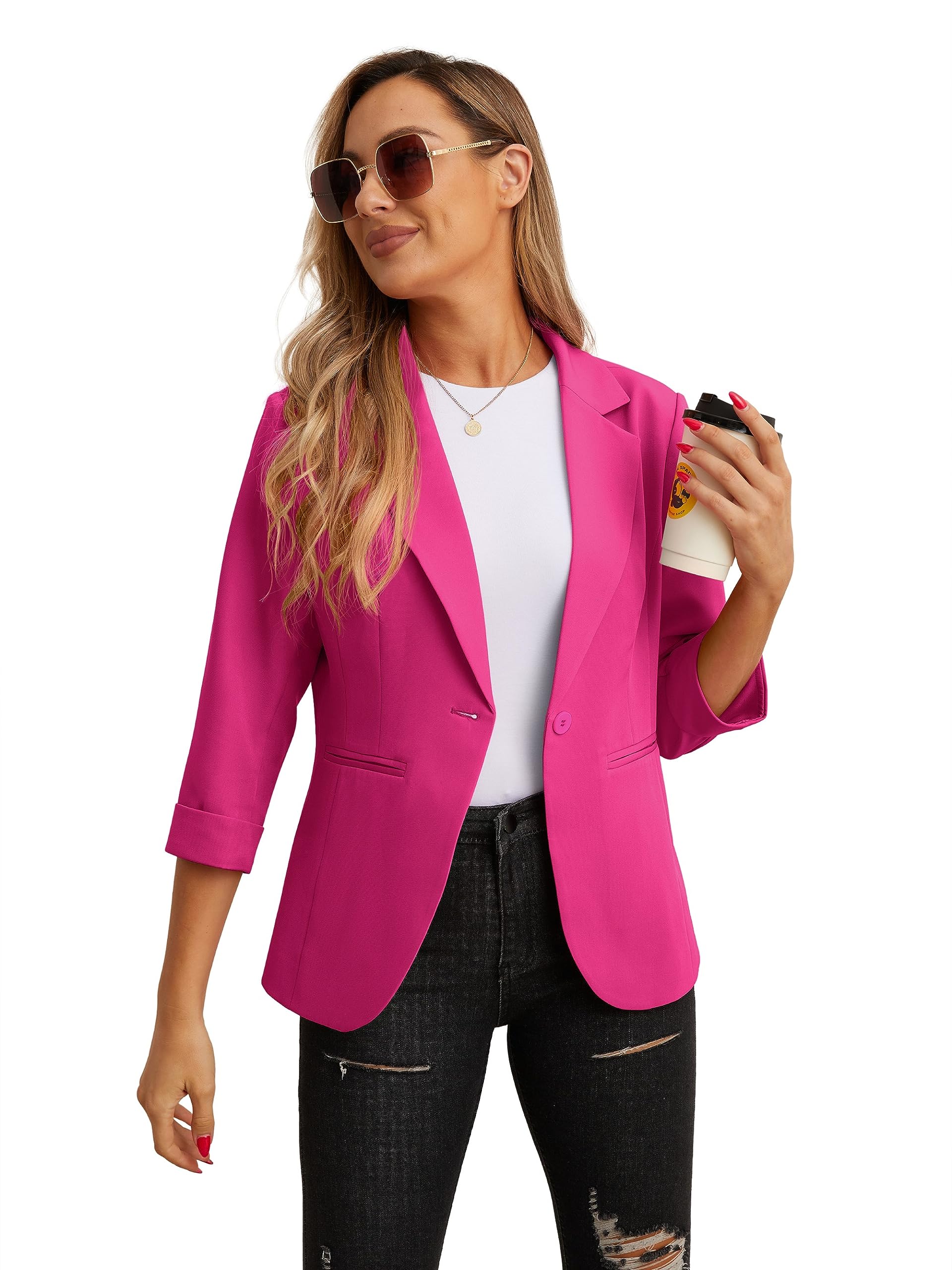 GRECERELLE Blazer élégant à manches 3/4 pour femme - Veste décontractée pour le travail - Blazer de bureau - Veste de costume et blazers avec poches et bouton pour femme