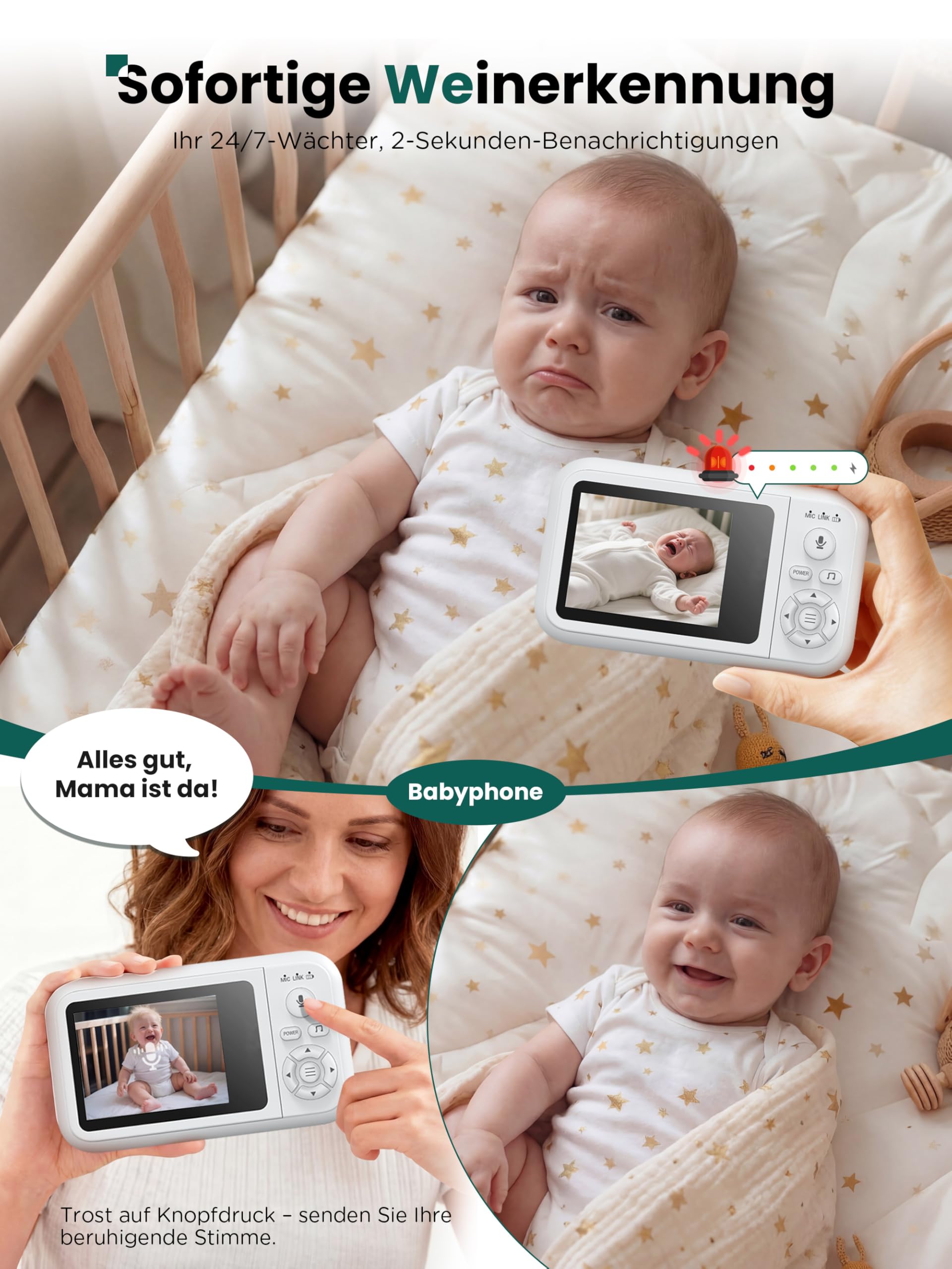 Babyphone mit Kamera & Halterung inkl. Bettclip, HD Video Baby Monitor Ohne WLAN, Nachtsicht, Zwei-Wege-Audio, VOX-Modus, Temperatursensor, Schlaflieder, 3,5" Babyfon für Erstausstattung Neugeborene