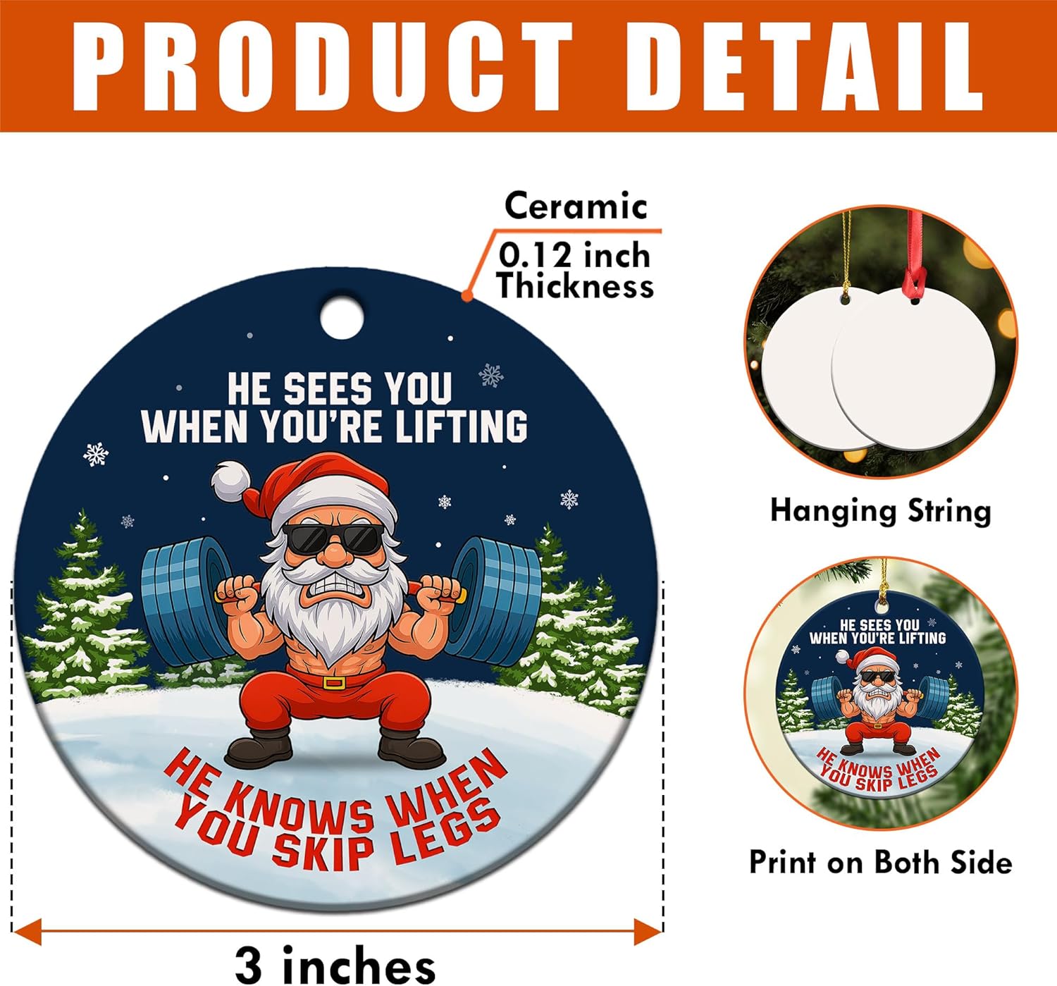 Weight Lifting Ornaments for Christmas Tree - Santa Dumbbell Gym Ornament 2025 - Weight Loss Gifts, Weight Lifter Gifts for Gym Lovers, Men, Women - Funny Weightlifting Ceramic Ornament - Image 8