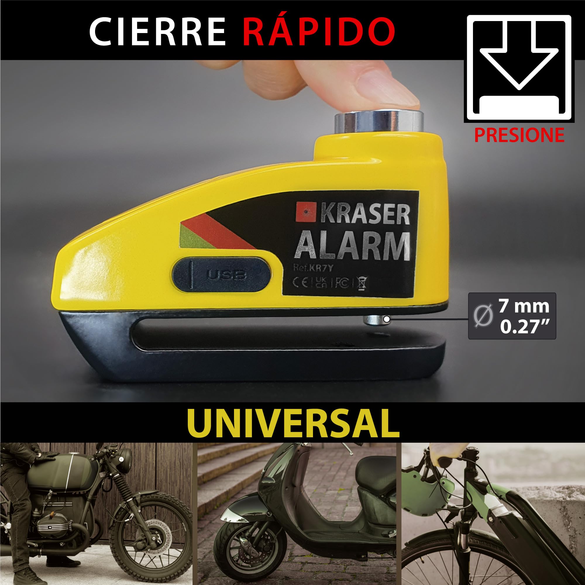 KRASER KR7Y Candado Disco Moto con Alarma 110dB Batería Recargable USB, Sensor de Movimiento, Impermeable Resistente Visible, Antirrobo Cepo Pinza Freno Bloqueo 7mm Universal, Amarillo