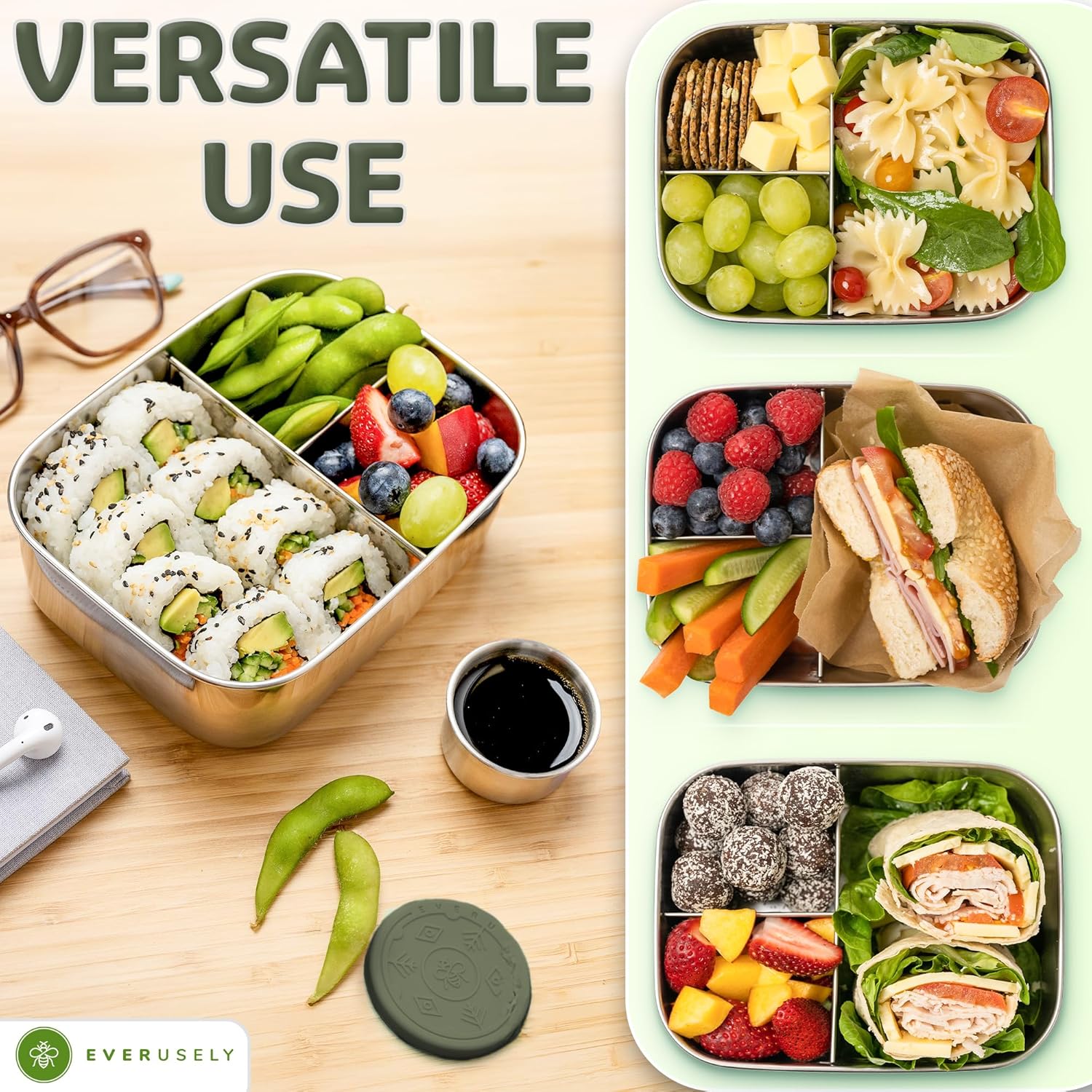 Everusely - Bento Box - Sage, 27oz / 0.8 L - Stainless Steel Lunch Box with Leakproof Condiment Container - 3 Compartment Snack Organizer for On the Go Meals - Freezer & Dishwasher Safe - Image 5