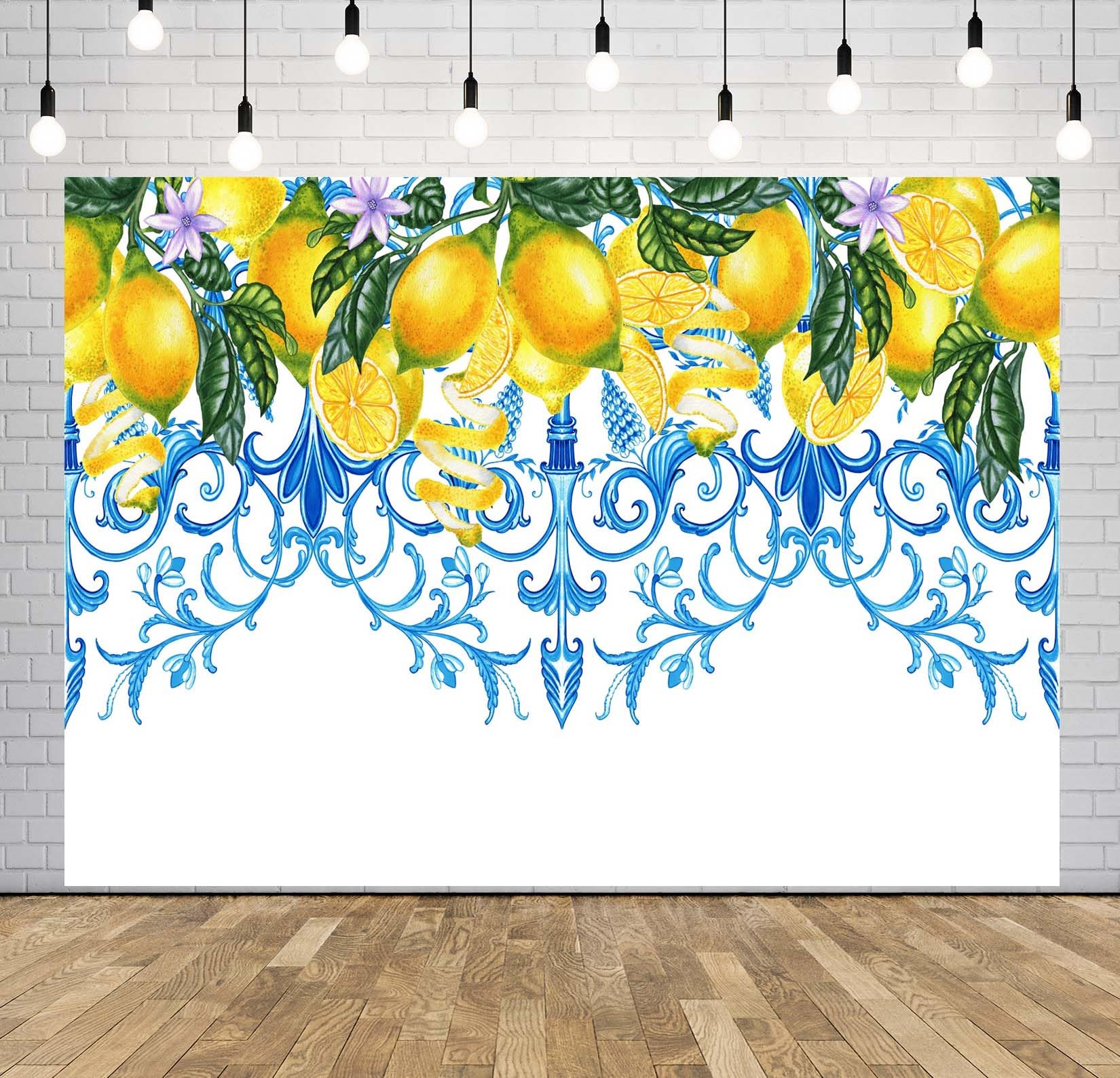 BELECO 3x2.5m Fotohintergrund Stoff Blaue Fliesen Zitrone Sizilianische Majolika Aquarell Zitronen Mittelmeer Hintergrund Sommer Party Banner Fotostudio Zubehör