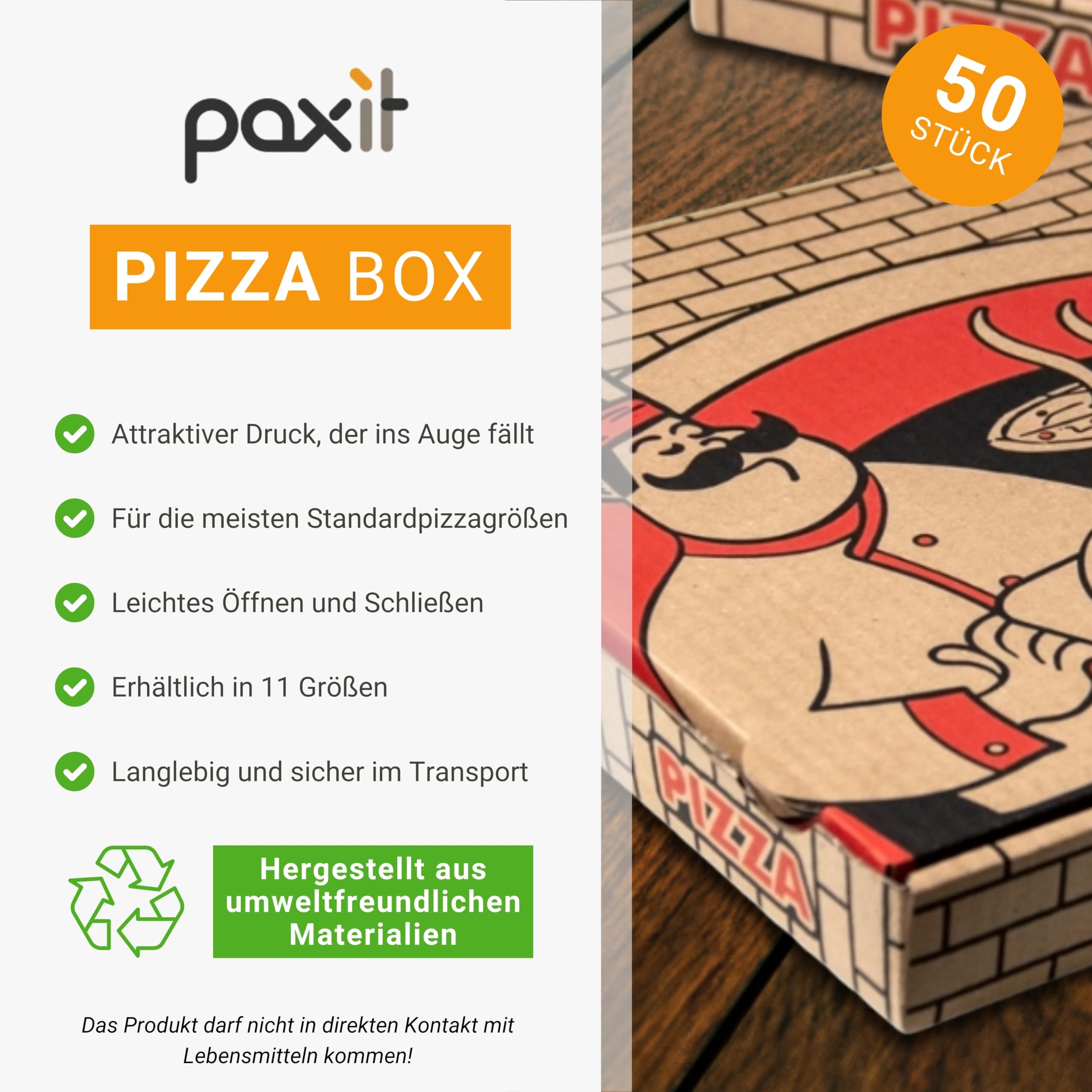 Paxit - Pizza Box 50 Stück, Pizzabox 350x350x40 mm Bedruckte, Pizzakarton 3-Lagig, Pizza Karton Grammatur: 395 g/m2, Pizza Transportbox Gestanzt, Pizzaschachtel Welle B, Pizza Aufbewahrungsbox