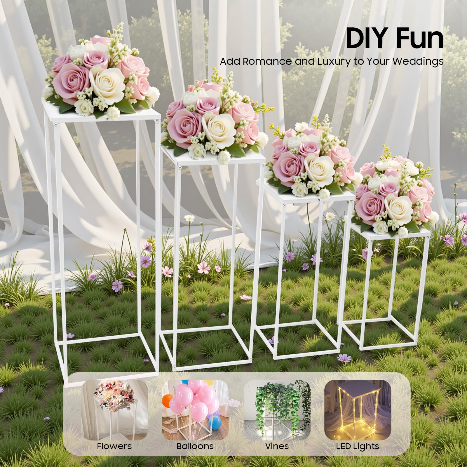 Set di 4 Sgabelli per Fiori, In Metallo, Forma Rettangolare, Supporto Per Colonna Vaso Geometrico Espositore Per Fiori Decorazione a Colonna, Bianco, 4 dimensioni
