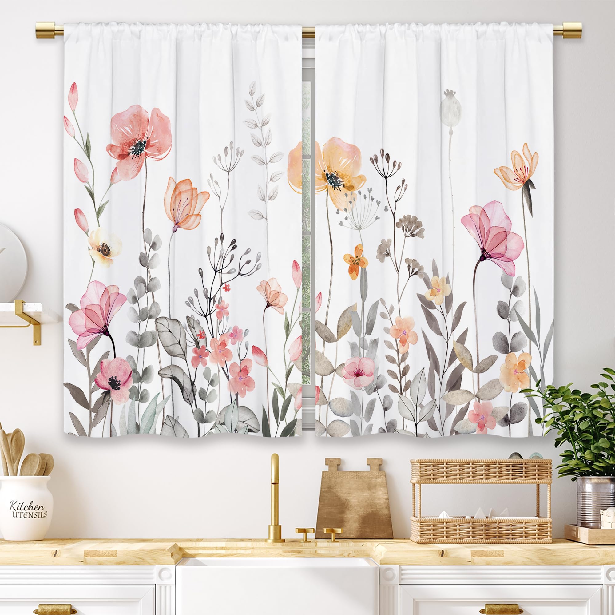 Laifzere Pink Flower Kitchen Curtains Watercolor Vintage Floral Wildflower Small Short Cafe Window Curtains Plant Botanical Chic Bathroom Window Drapes Treatment Tier Curtains 2 Panels (27.5x39 Inch) — image 1