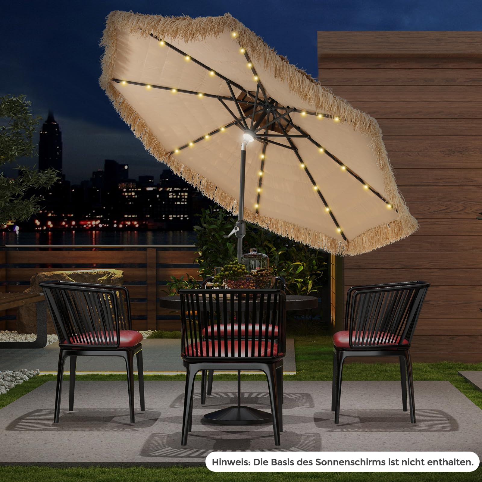 GOPLUS Sonnenschirm Hawaii, Ø 270 cm Strohschirm um 30° knickbar, Strandschirm mit LED-Solar-Beleuchtung, Sonnenschirm Stroh mit Doppeldach & Kurbel, Gartenschirm klappbar für Strand, Balkon & Garten