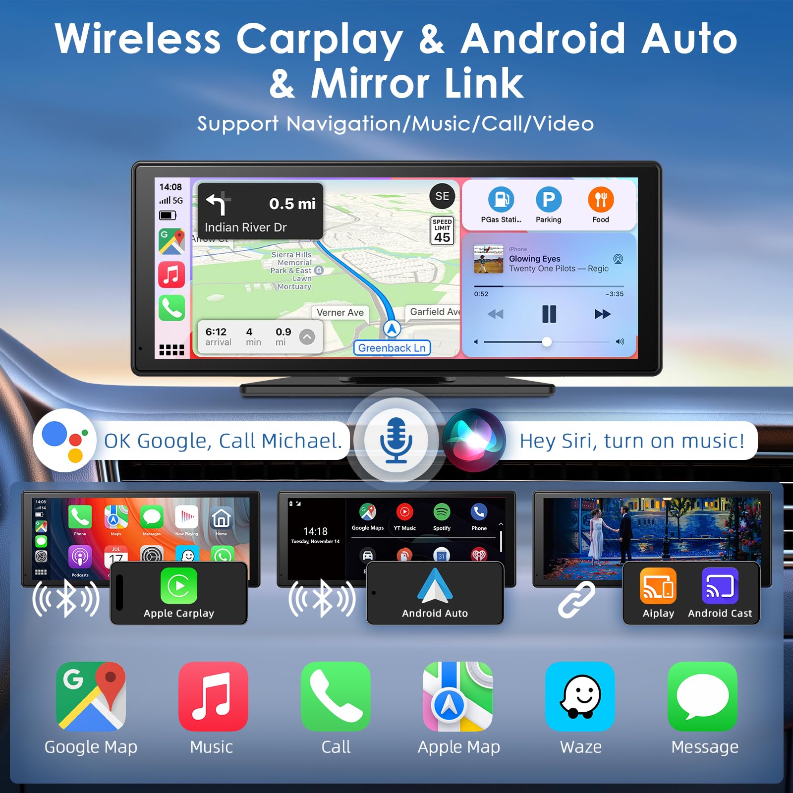 9,26 Calowy Przenośny Ekran z Bezprzewodowym CarPlay i Android Auto, Radio Samochodowe z 4K Dashcam Przednią I Tylną Kamerą 1080P HD/Bluetooth/FM/AUX/64G TF/Mirror Link/Voice Control/GPS
