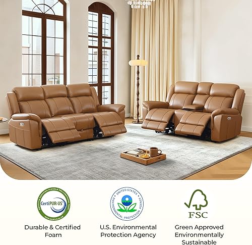 Miniatura 8 de CHITA Sofá reclinable eléctrico de cuero auténtico, sofá reclinable de pared con mesa desplegable, consola, reposacabezas eléctrico, cajones,