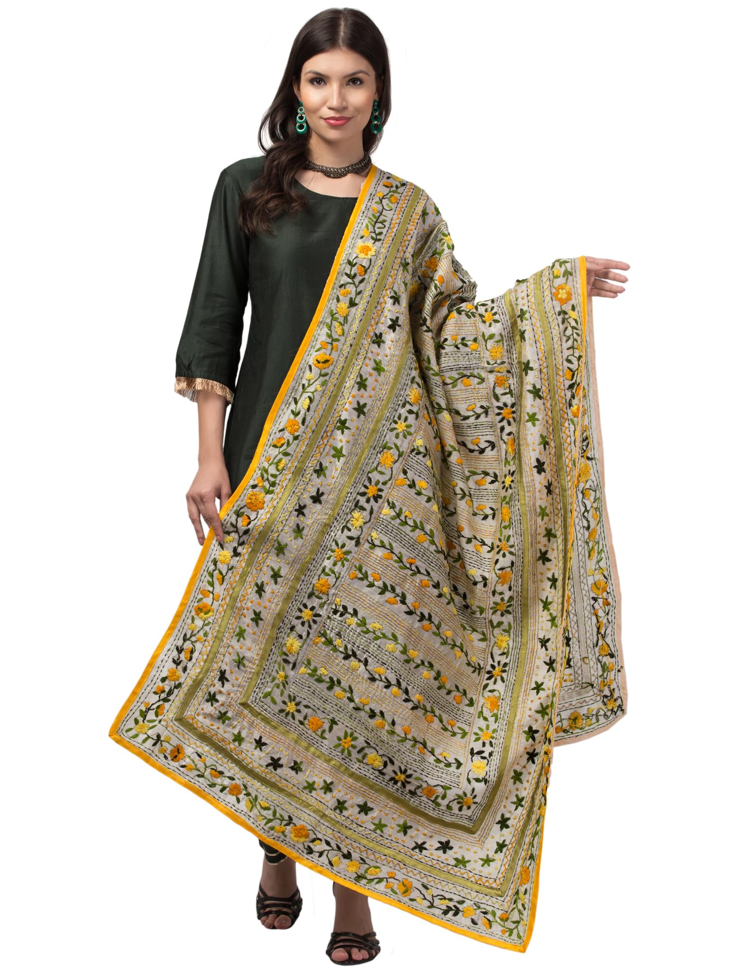 tweedle offwhite chanderi hand embroidery phulkari dupattas for women-picture-24