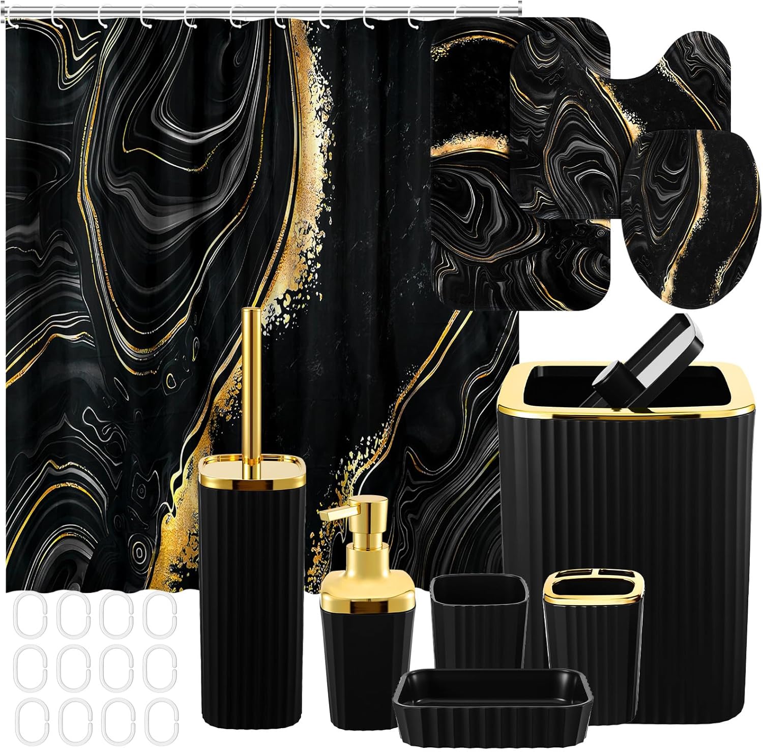 Patelai 10 Pcs Black Marble Bathroom Accessories Set Black and Gold Shower Curtain and Rugs Modern Marble Farmhouse Bathroom Decor Trash Can Soap Dish Toilet Lid Cover Toothbrush Holder Cup for Home