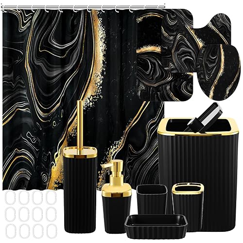 Patelai 10 Pcs Black Marble Bathroom Accessories Set Black and