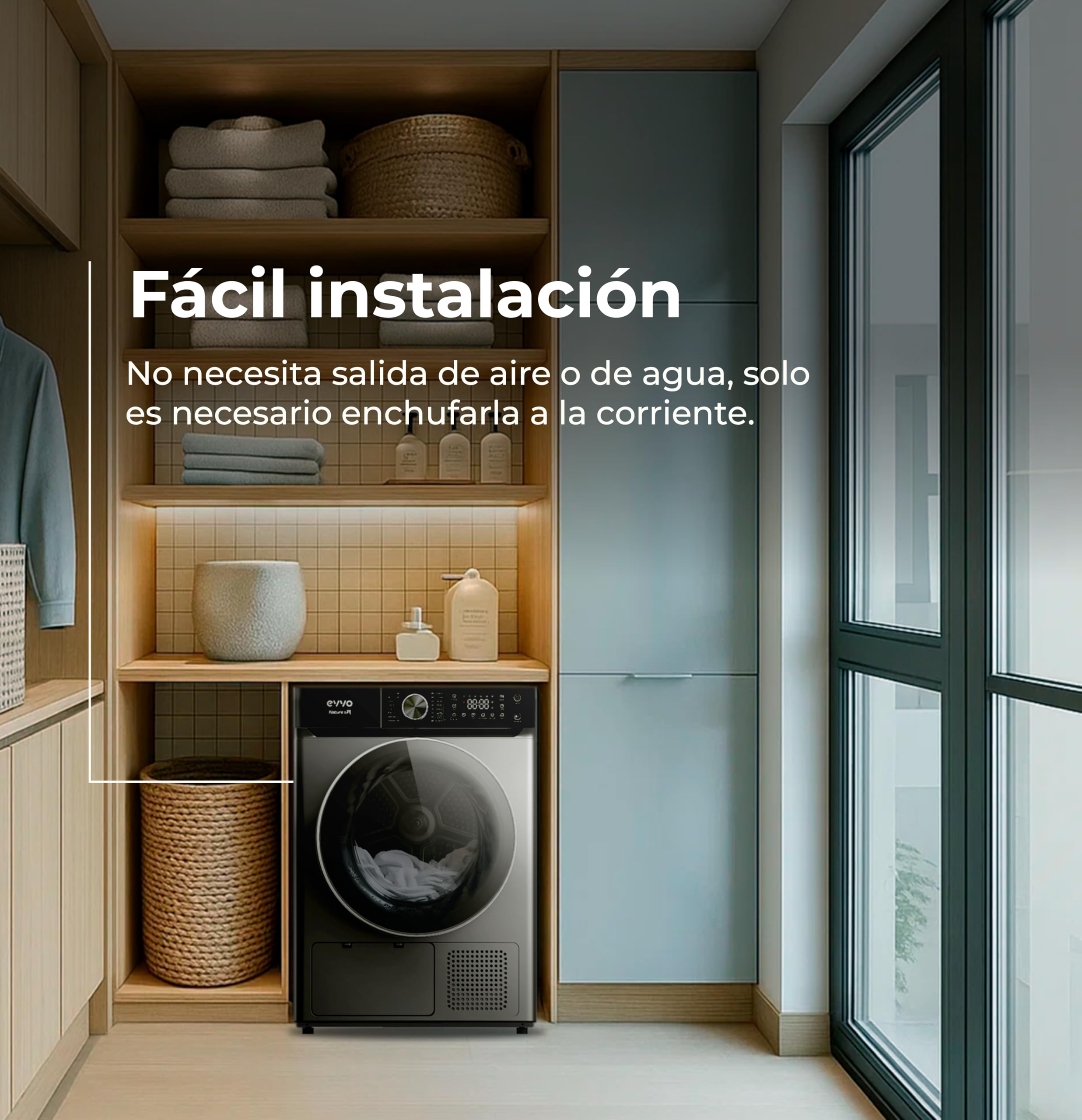 EVVO Secadora Bomba de Calor NATURE SR - Secadora Bomba Calor 10 kg, Eficiencia Energética E, Sensor de Humedad, Antiarrugas, 16 Programas, Inicio Diferido, Airfresh, Bajo Consumo Energético (Inox)
