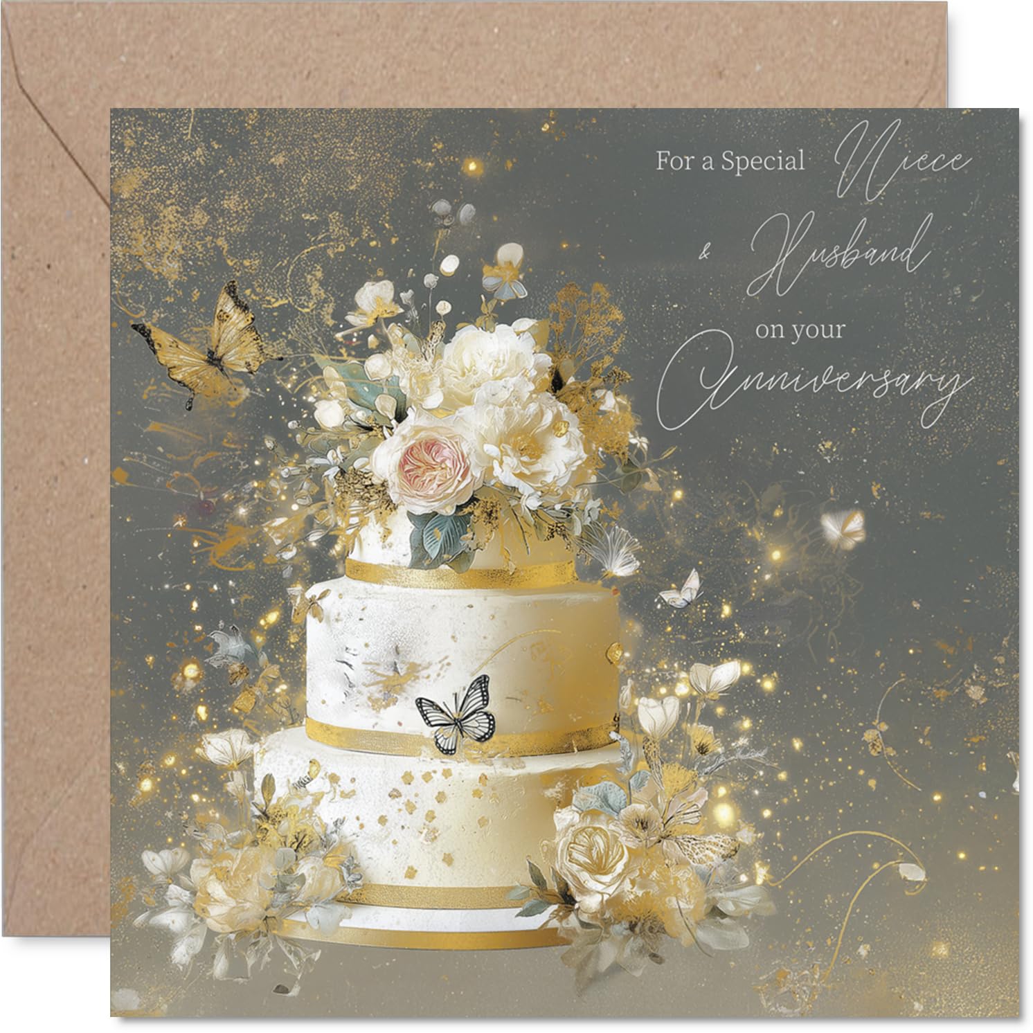 Gold Niece & Husband Anniversary Card - Gold Cake - Happy Anniversary Card for Niece & Husband from Auntie Uncle, 145mm Golden Wedding Anniversaries Greeting Cards