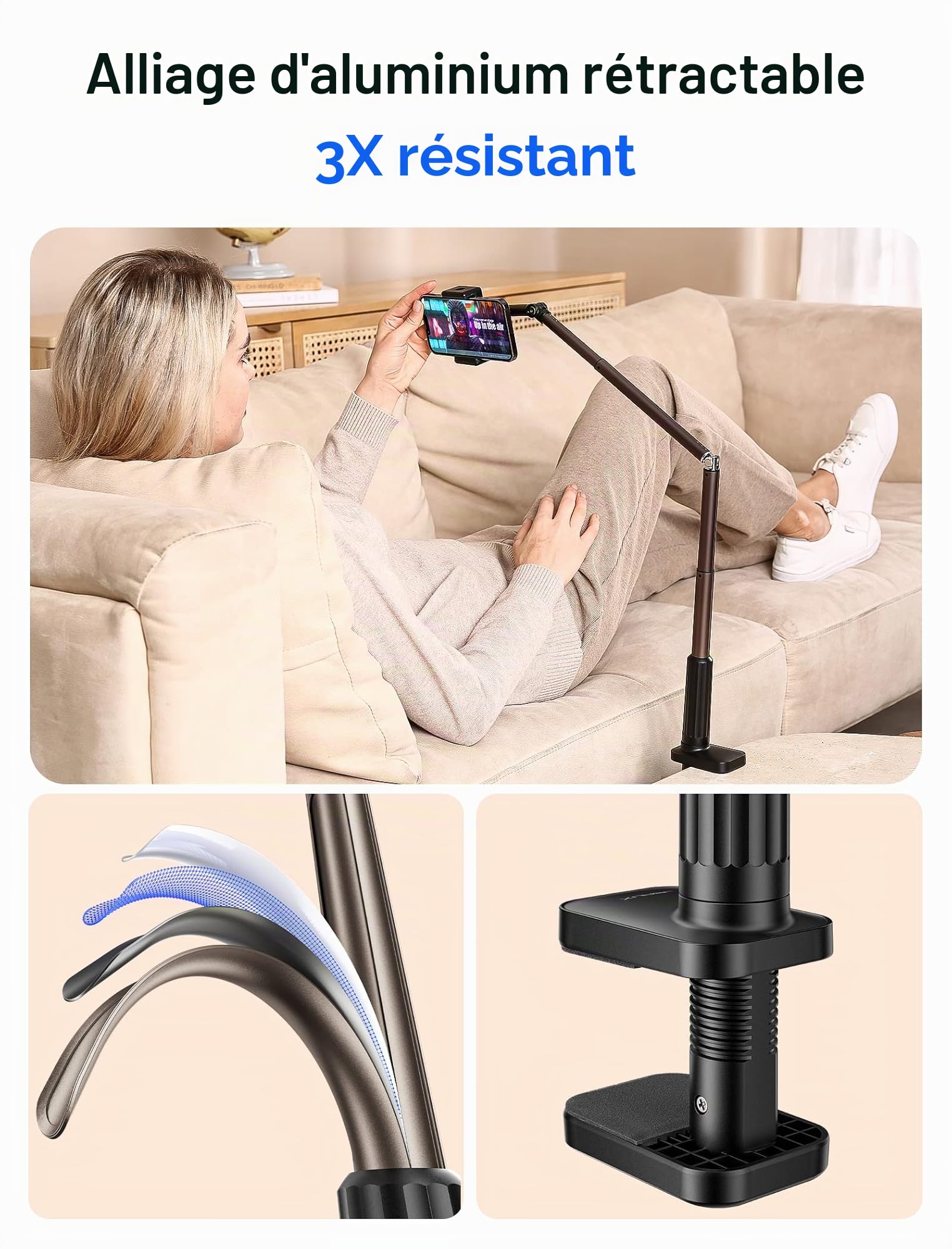 JSAUX Support de téléphone pour Bureau et lit, Support de téléphone Flexible Universel à 360° avec Pince de Serrage pour Table de Chevet, Compatible avec iPhone 14, 13, 12, 11, etc. [Noir]