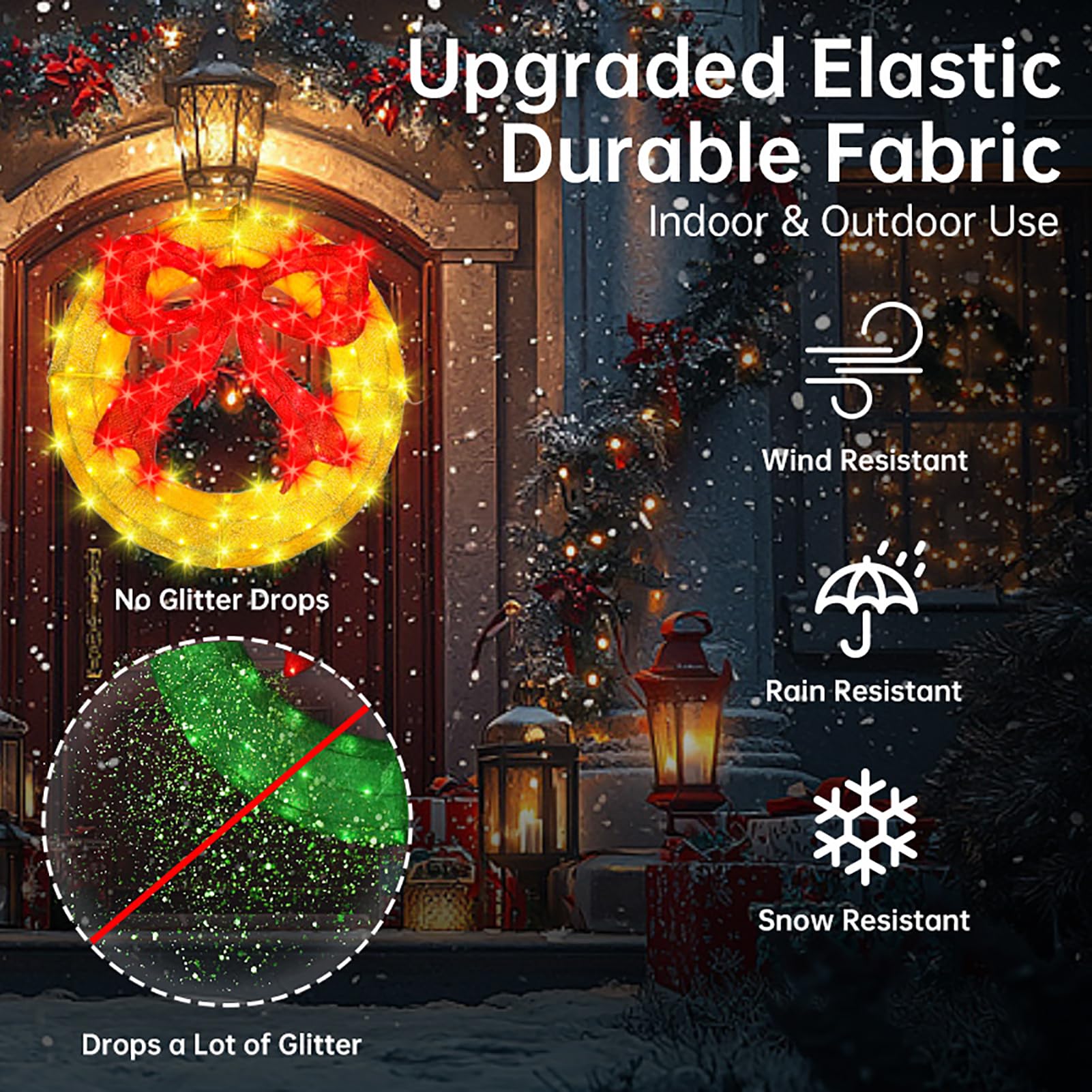 Couronne de Noël extérieure – Couronne de Noël lumineuse à DEL de 61 cm avec nœud, grande couronne de Noël éclairée, lumières de fenêtre pour mur, fenêtres, décoration de porte d'entrée, nœud rouge,