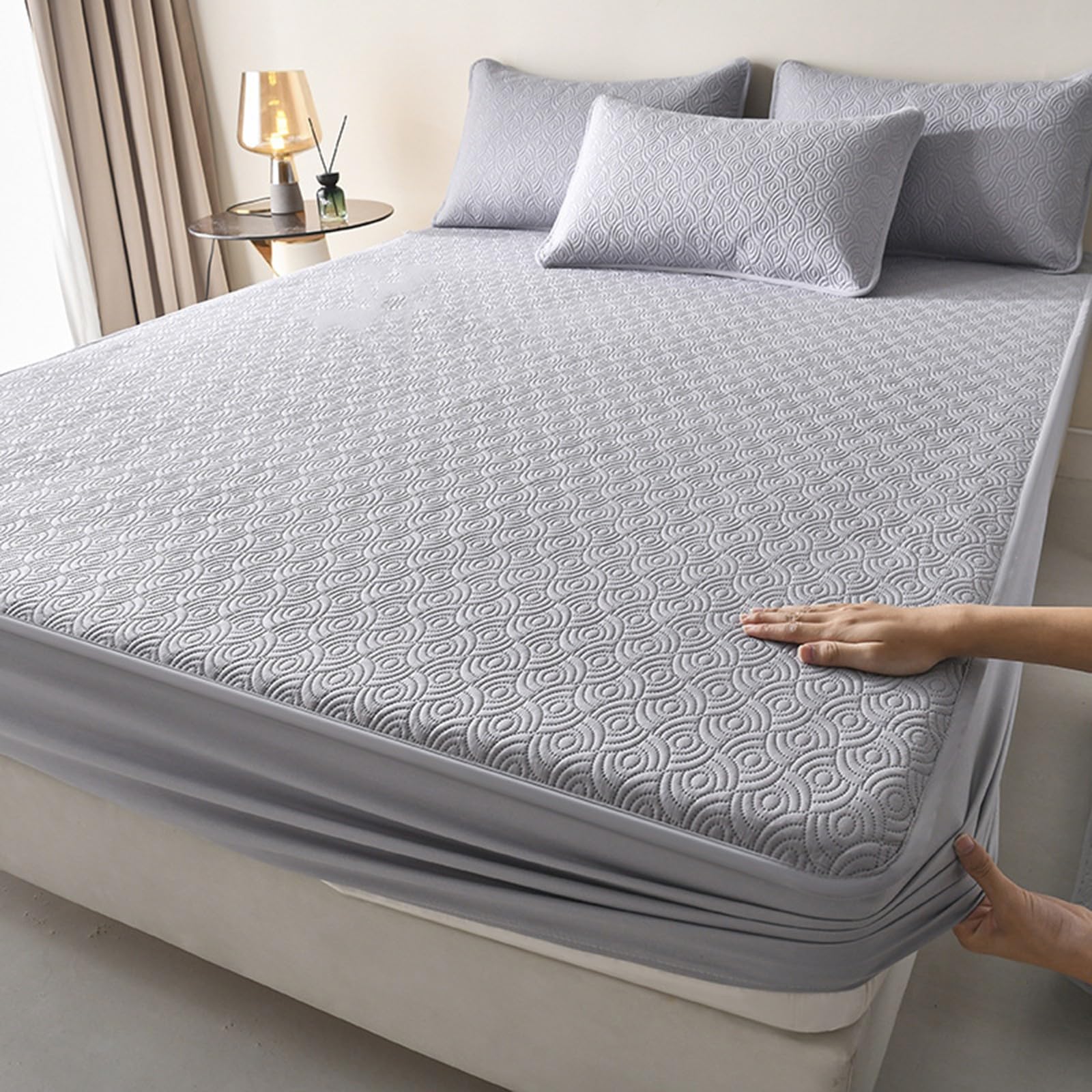 Gesteppter Wasserdichter Matratzenschoner,Matratzenschoner 3-teiliges Set Spannbettlaken,Elastischer Kühlender Matratzentopper mit Tiefen Taschen,Maschinenwaschbar(Gray,200x220cm)