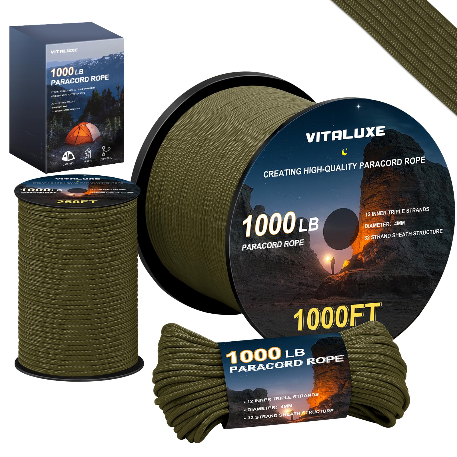 VITALUXE 1000lb Paracord Rope, 4mm 12 Triple Strands Paracord, Heavy Duty Tactical Parachute Cord for Survival Gear, Camping, Hiking, and Ideal for Bracelets, Lanyards, Type III