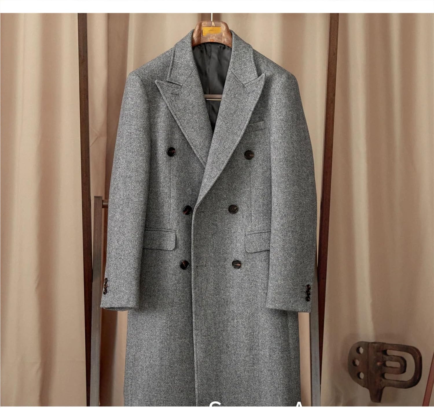 Mens Winter Wool Herringbone Pattern Mid-length Double-breasted Coat Slim-fit Warm Jackets