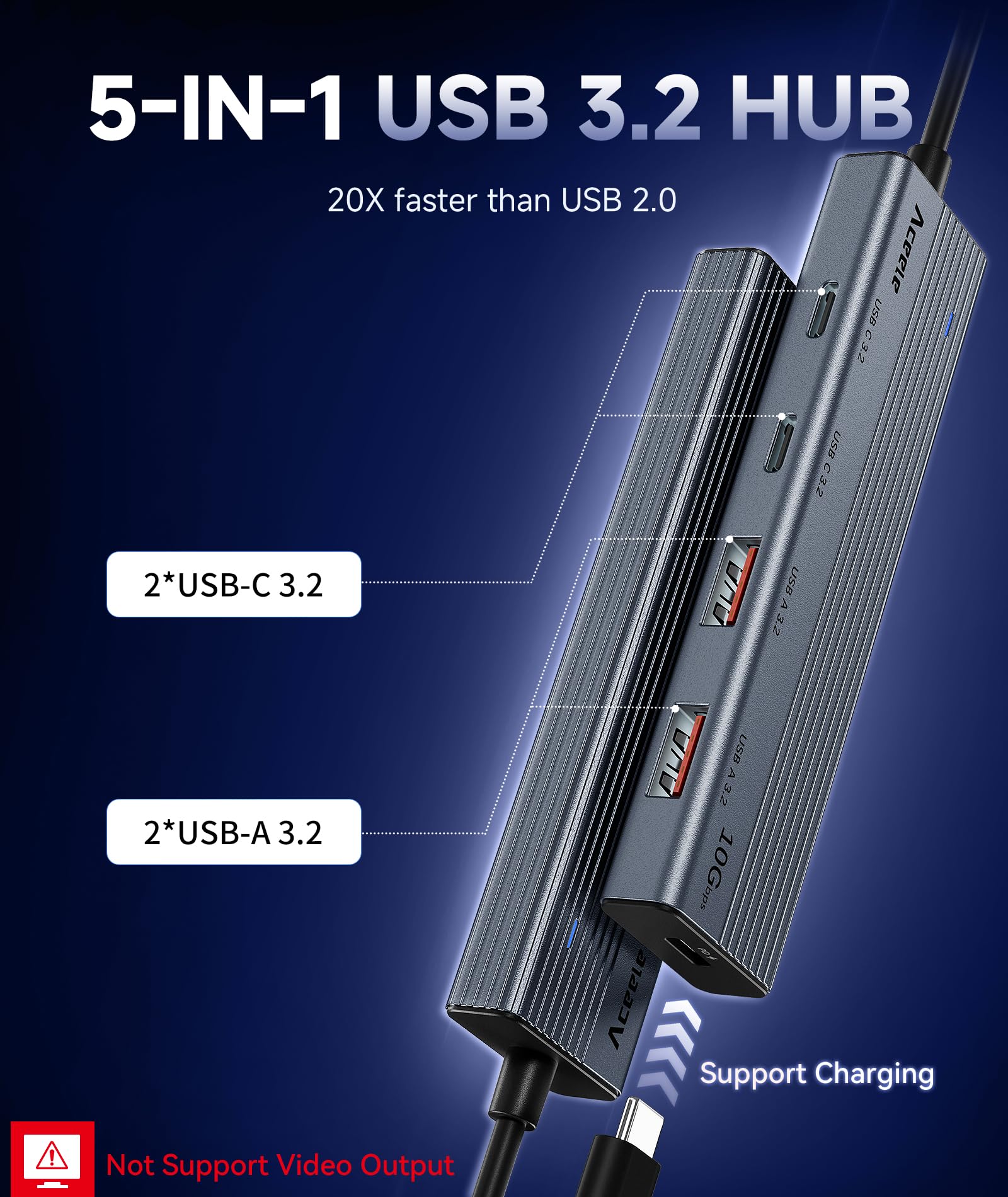 Aceele Hub USB C Alimentato da 10 Gbps con 2 Porte USB-A e 2 Porte USB-C, Sdoppiatore USB 3.2 Gen 2 con Cavo Lungo 100 cm & PD 100W, Dock USB 5 in 1 per Laptop, PC Desktop, MacBook Pro/Air, iPad, ecc.