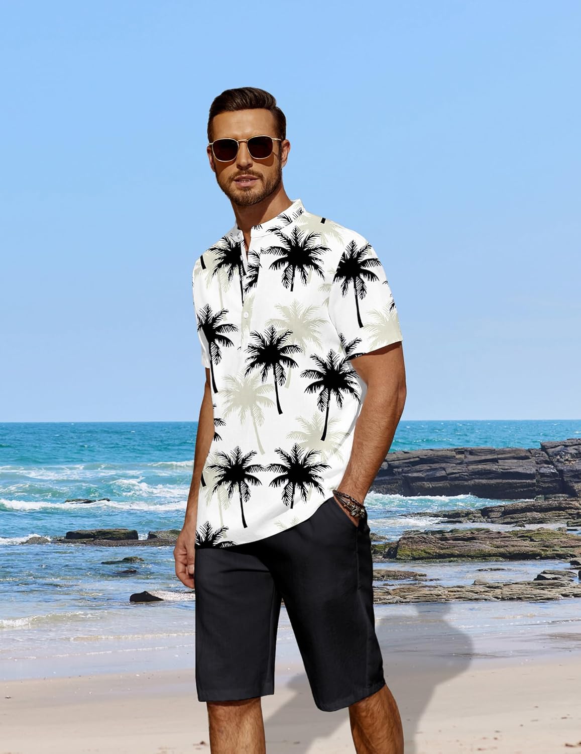COOFANDY Men's 2 Pieces Linen Set Casual Henley Shirts Short Sleeve Beach Yoga Shorts Summer Pants Outfits - Image 2
