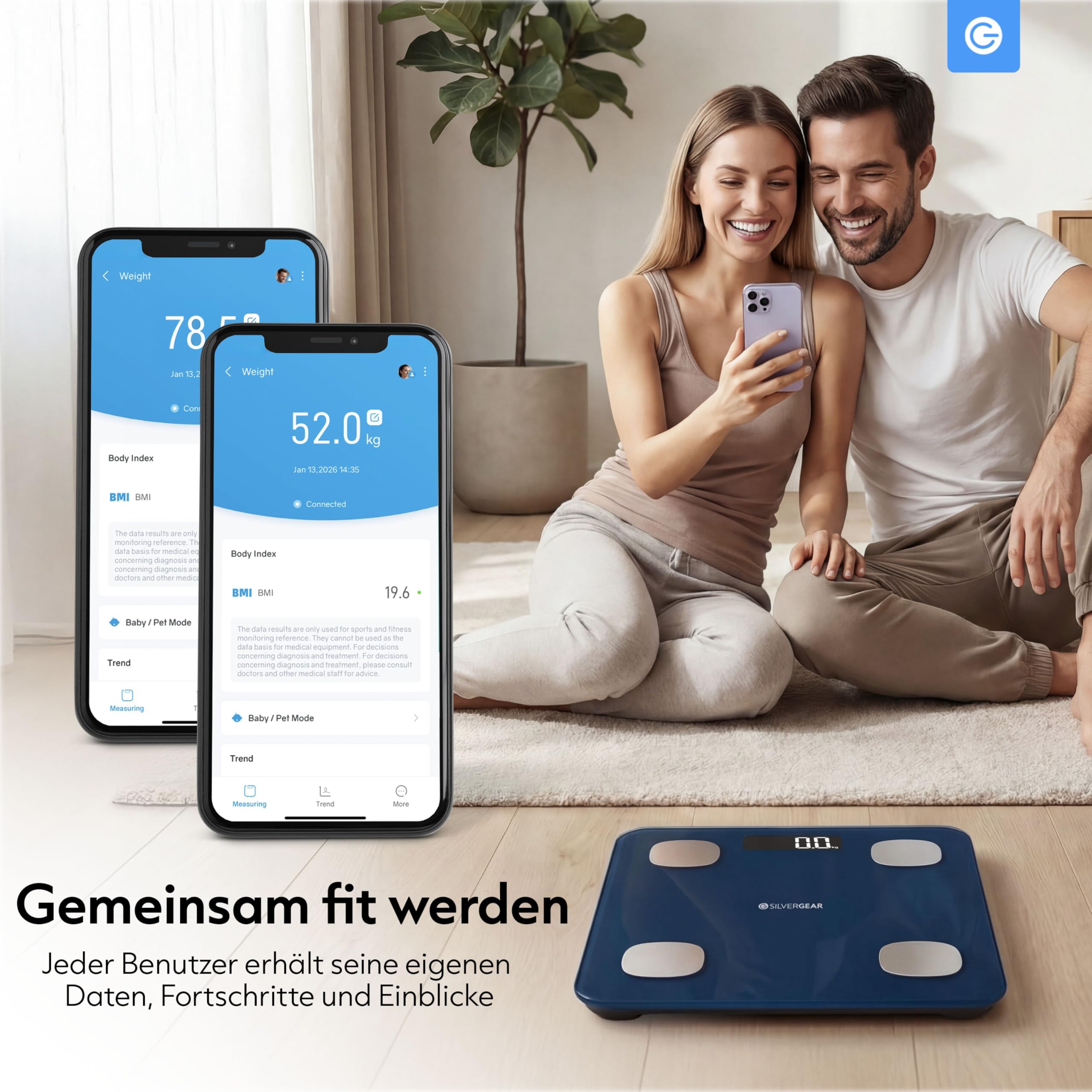 Silvergear® Körperfettwaage | Personenwaage Digital | Bluetooth Körperfettwaage mit App | Smart Waage für Körperanalyse, Muskelmasse & BMI | 27x27cm | Blau