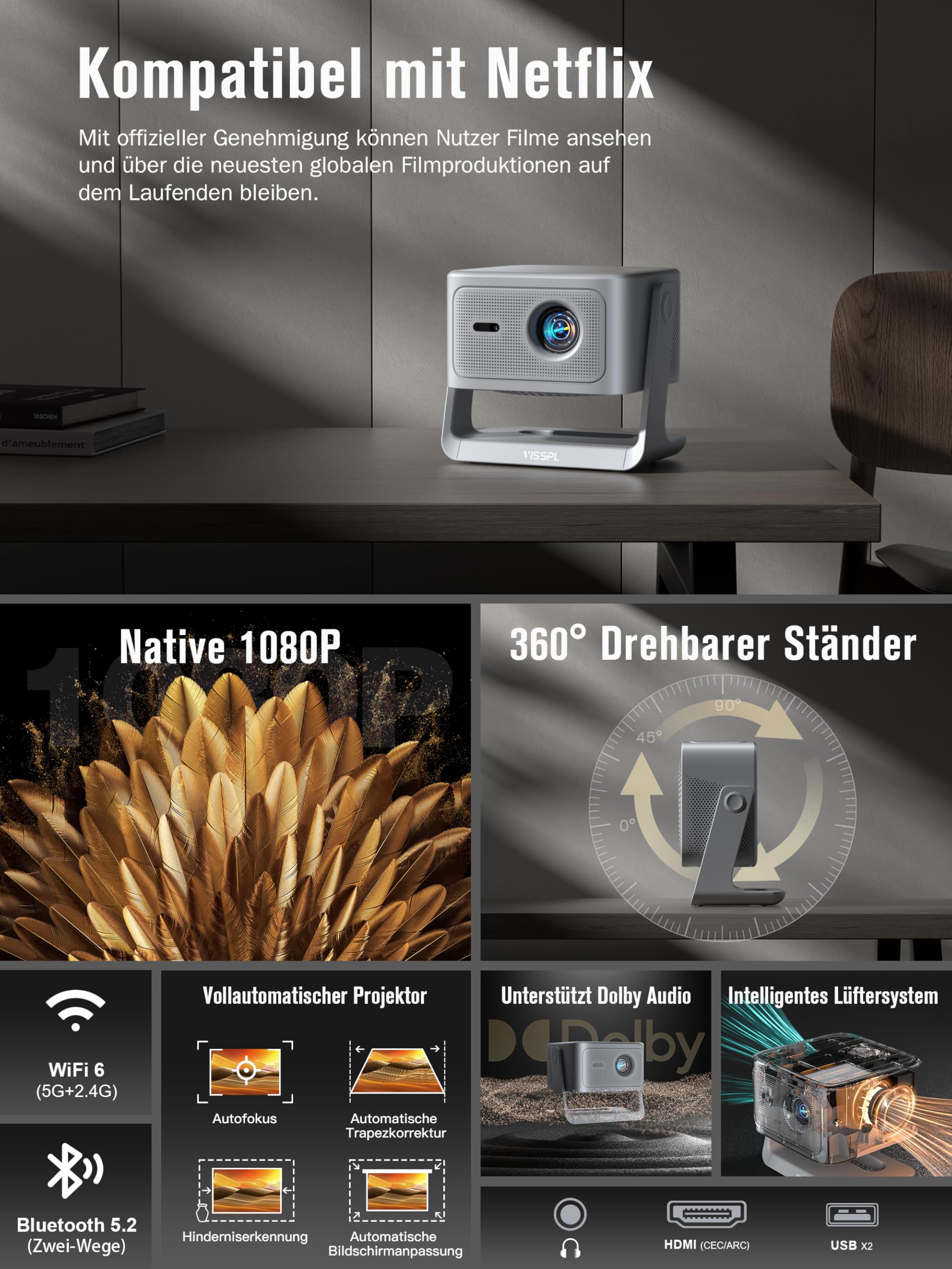 VISSPL Smart Beamer 4K Heimkino Projektor 30000 Lumen 3D Dolby Audio Autofokus WiFi6 Bluetooth 360° Standfuß Grau