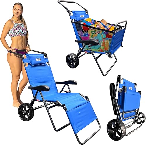 Silla de carrito de playa  2 en 1 gira de silla a carrito  Ruedas grandes  Fácil de usar  Gran capacidad  Color azul