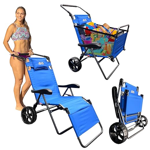 Beach Cart Chair – 2 in 1 Turns from Beach Cart to Beach Chair – Large Wheels – Easy to Use – Large Capacity – Blue Color