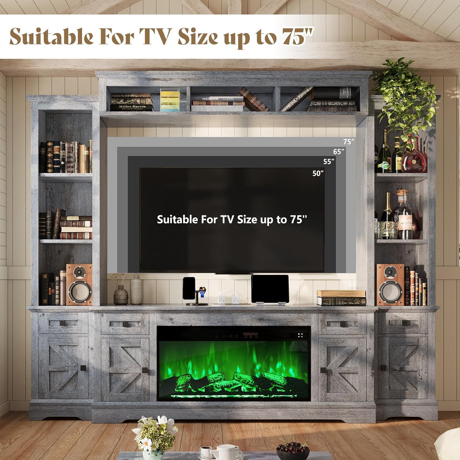 AMERLIFE 98in Farmhouse Entertainment Center with 36" Fireplace, TV Stand, Bookshelves, Wine Cabinet, Fits 75" TVs, Large Wall Unit Media Console with Power Outlets & Barn Doors, Living Room, Grey