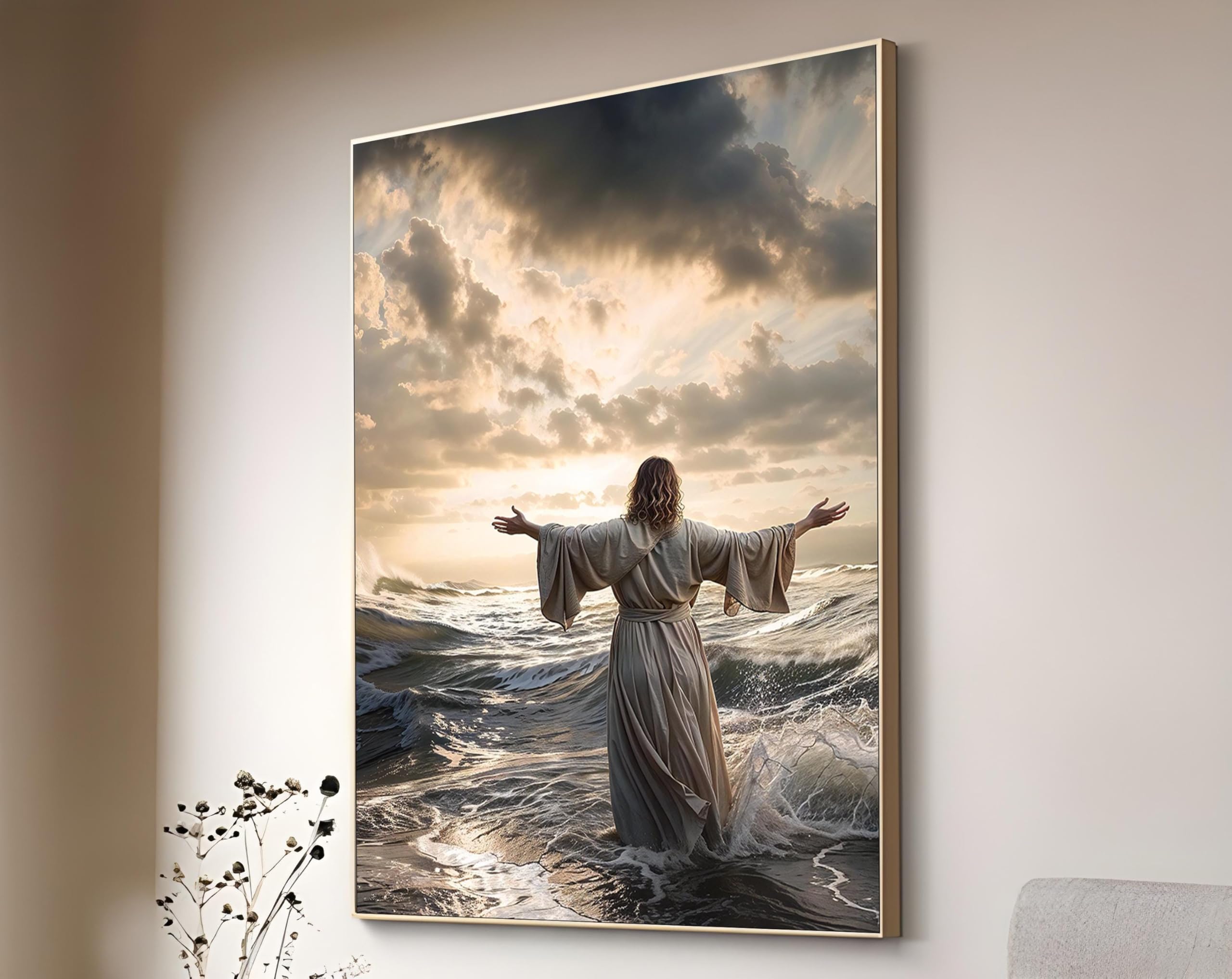 TONGYINLI Jesus Walking on Water Canvas Print, Religious Canvas Painting, Jesus Walking on Water Posters, jesus wall art(50x70cm/Internal Frame)