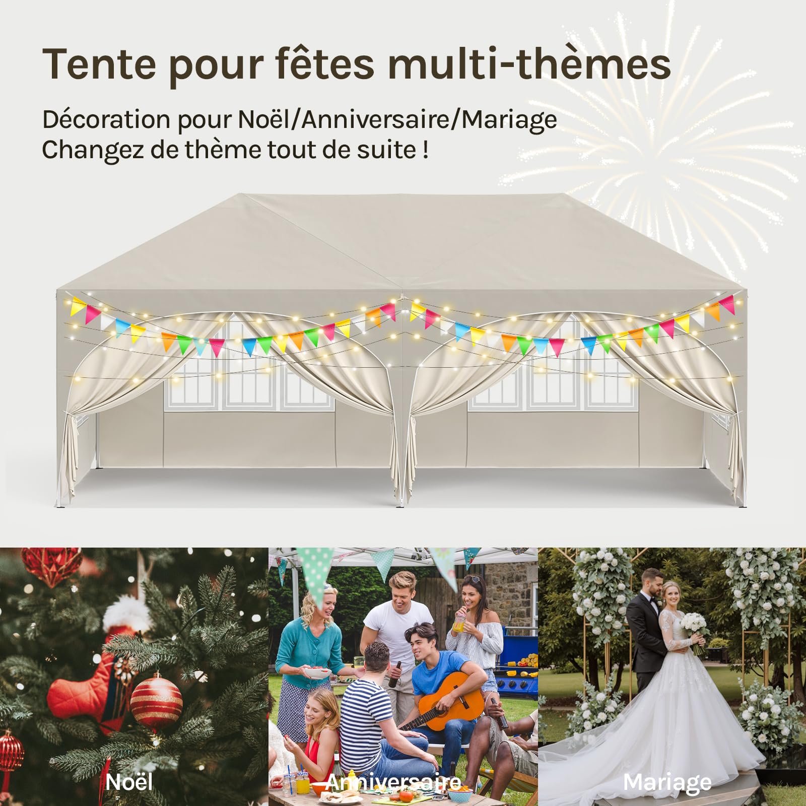 WOLTU Tonnelle de Jardin Pliable 3x6m avec 6 parois Beige | UPF 50+ UV, imperméable, hauteur ajustable, vent stable, 6 parois, Jardin