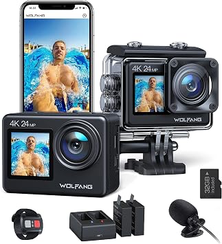 WOLFANG Action Camera 4K 24MP WiFi GA200, 40M Waterproof Underwater Camera for Snorkeling, EIS 170  Wide Angle Dual Screen Vlogging Camera with External Microphone, Charger, Remote Control