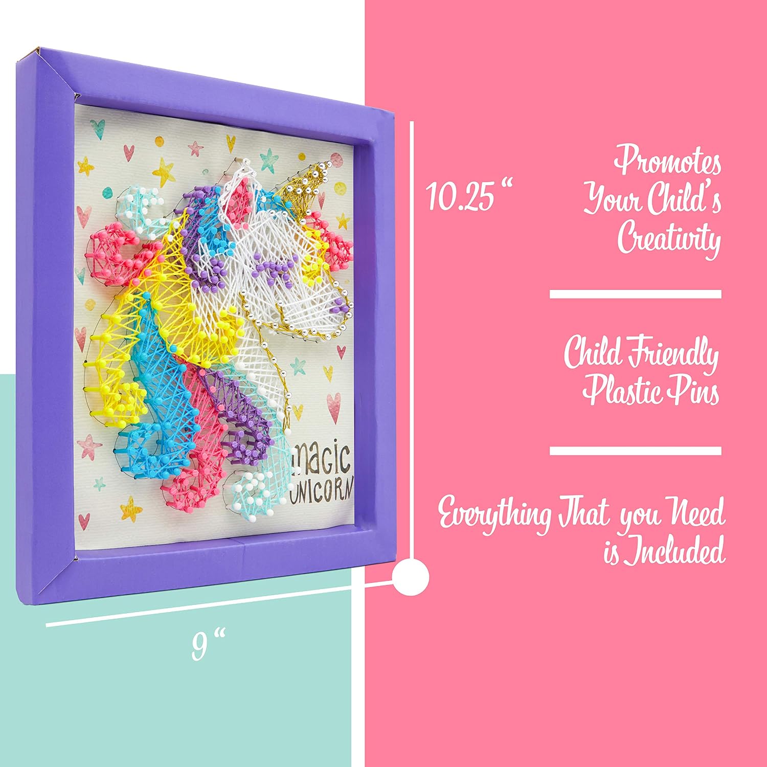 Unicorn String Art Set, Complete Arts and Crafts Project for Girls, Makes a Framed Unicorn String Art, Includes a Board, Frame, Pattern Poster, 280+ Pins, 6 Colors of String, and 2 Metallic Strings