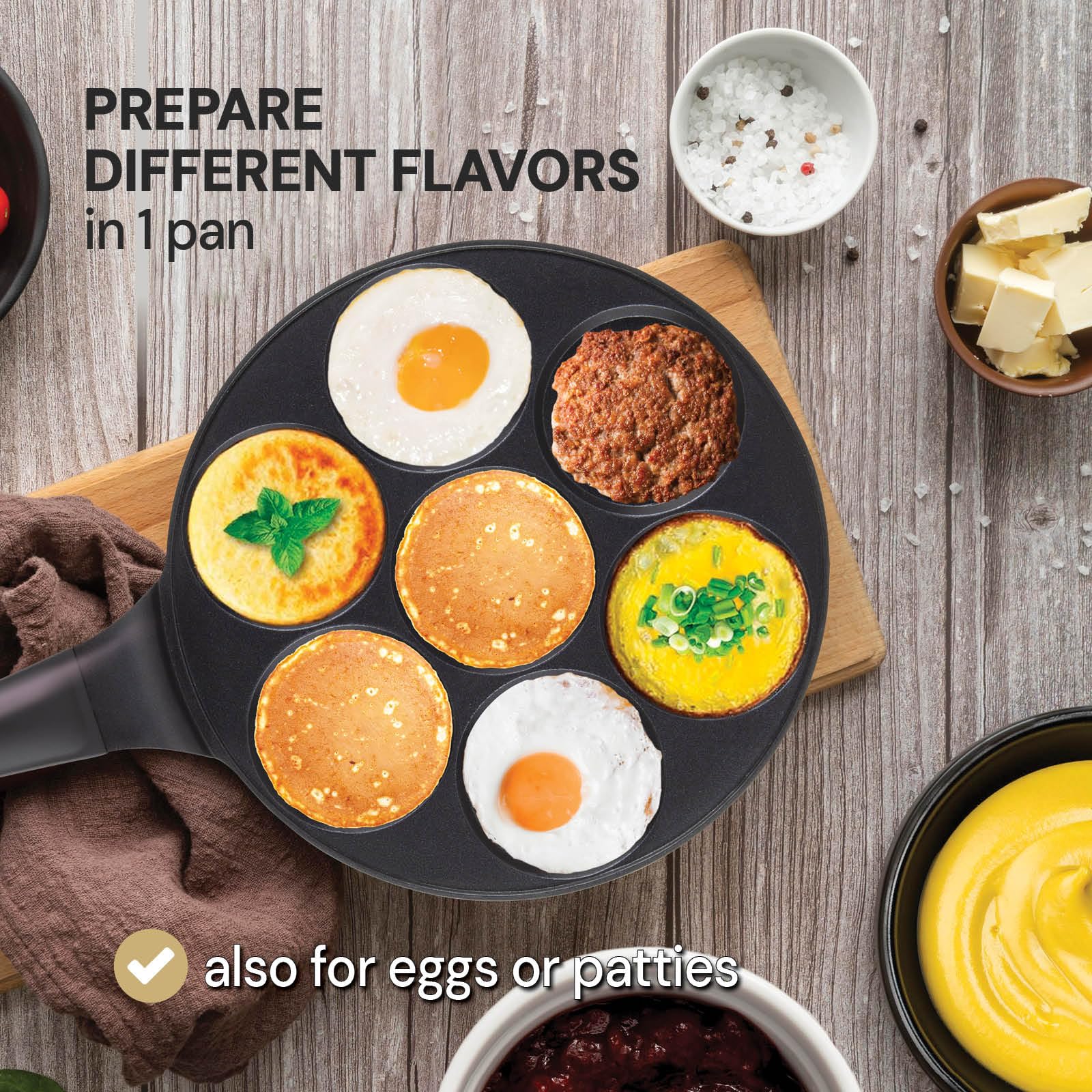 ROSMARINO Pancake Pan - Panqueque perfecto cada vez: 7 Mini formas americanas Crepes Sartén - Antiadherente, SoftTouch