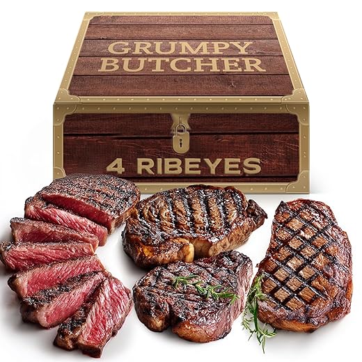 Grumpy Butcher Prime Beef Ribeye Steaks (14 oz each, 4 Pack) | Boneless Prime Ribeye | Steak House Quality, Wet-Aged, Professional Cut & Trim | Ribeye Beef Steak