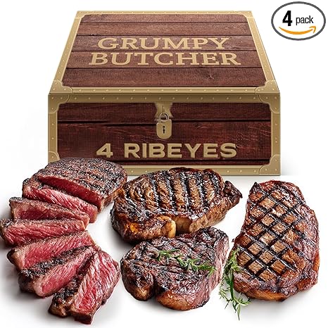 Grumpy Butcher Large Ribeye Steaks, 4 Pack (14 oz each) - Prime Steakhouse Beef Ribeye Steak Meat - Birthday Gifts for Men in Grumpy Butcher Meat Gift Packages Specials Option