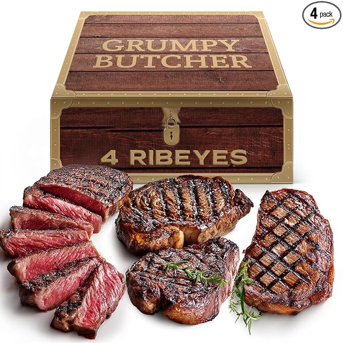 Grumpy Butcher Large Ribeye Steaks, 4 Pack (14 oz each) - Prime Steakhouse Beef Ribeye Steak Meat - Birthday Gifts for Men in Grumpy Butcher Meat Gift Packages Specials Option