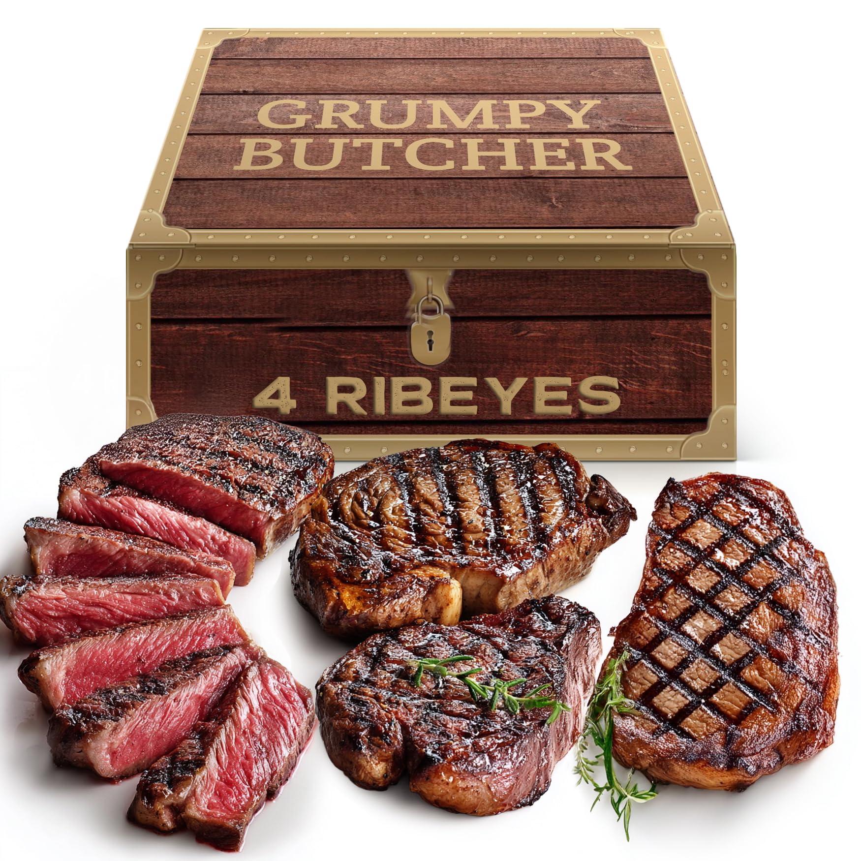 Grumpy Butcher Large Ribeye Steaks, 4 Pack (14 oz each) - Prime Steakhouse Beef Ribeye Steak Meat - Birthday gifts for men in Grumpy Butcher Meat Gift Packages Specials Option
