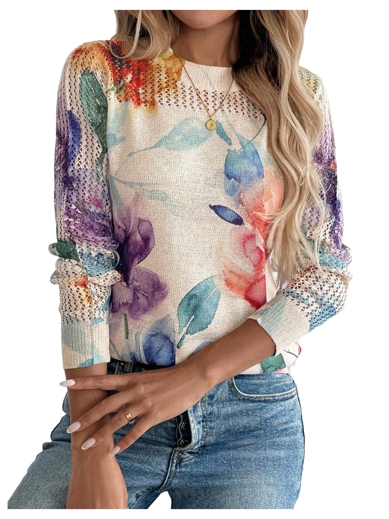 Women's Floral Sweater Long Sleeve Crew Neck Hollow Out Knit Fall Casual Trendy Pullover Tops-image-41